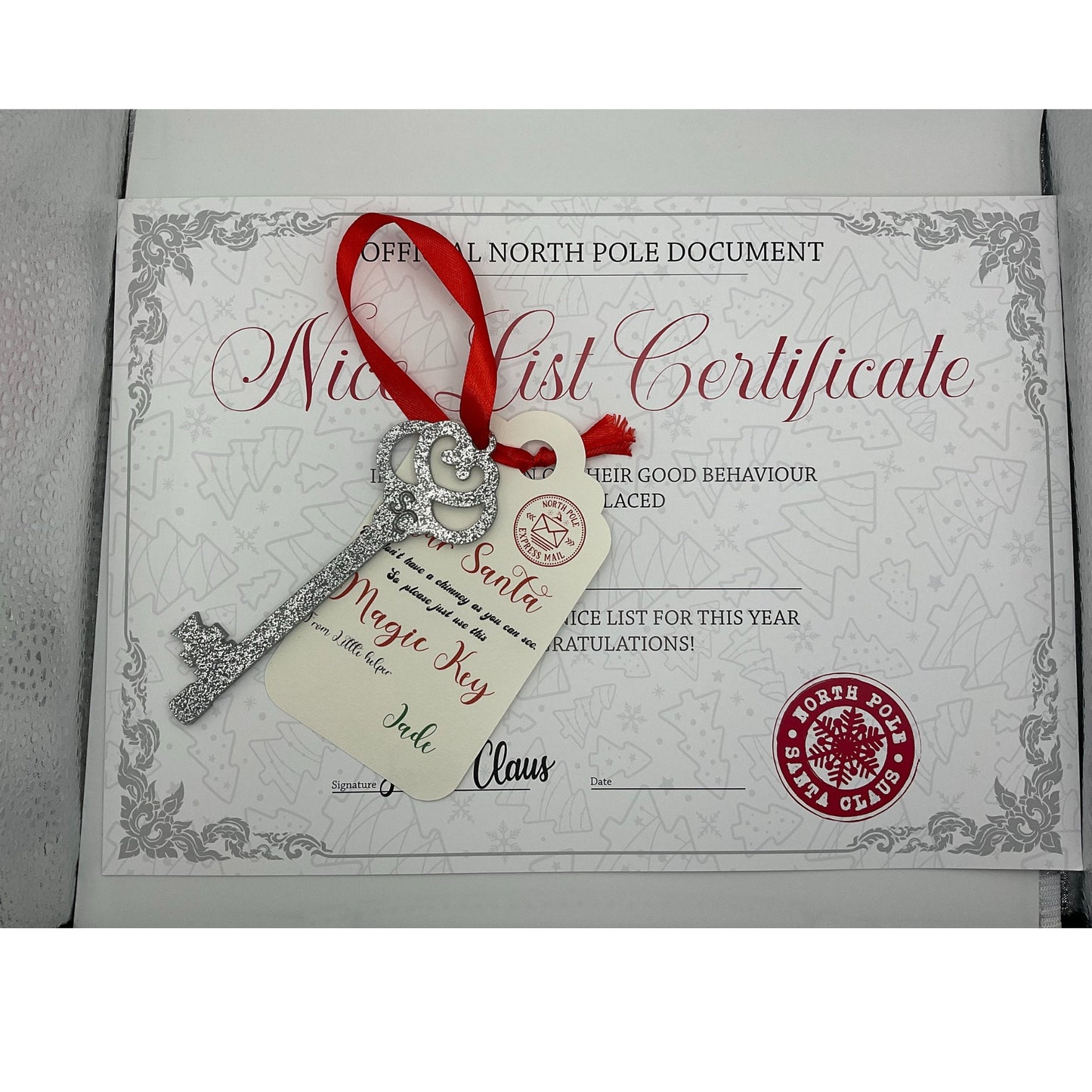 Santa's nice list certificate with free Santa key, Christmas nice list. Personalised Santa certificate. With a free nice list scratch card