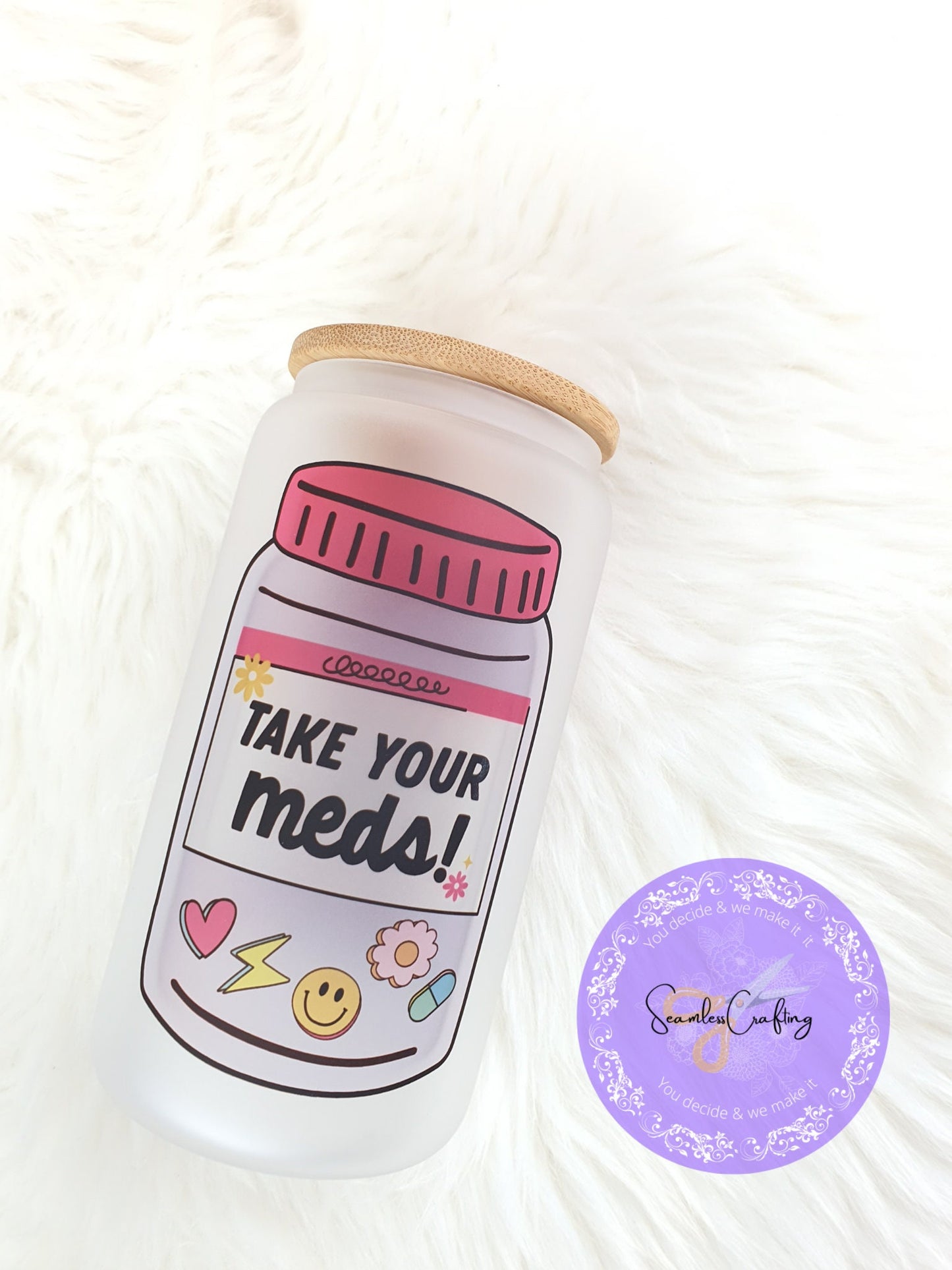 Personalised take your meds glass cup, happy pills mug, funny novelty cold coffee, libbey cup, Bamboo lid, Medication reminder