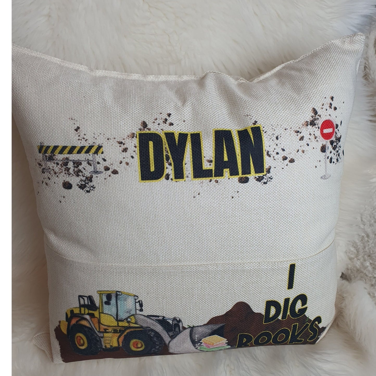 Personalised Digger Truck Pocket Reading Book Cushion, I Dig Books cushion gifts, Construction Tractor Bedroom Decor, Unique Cushion Gift