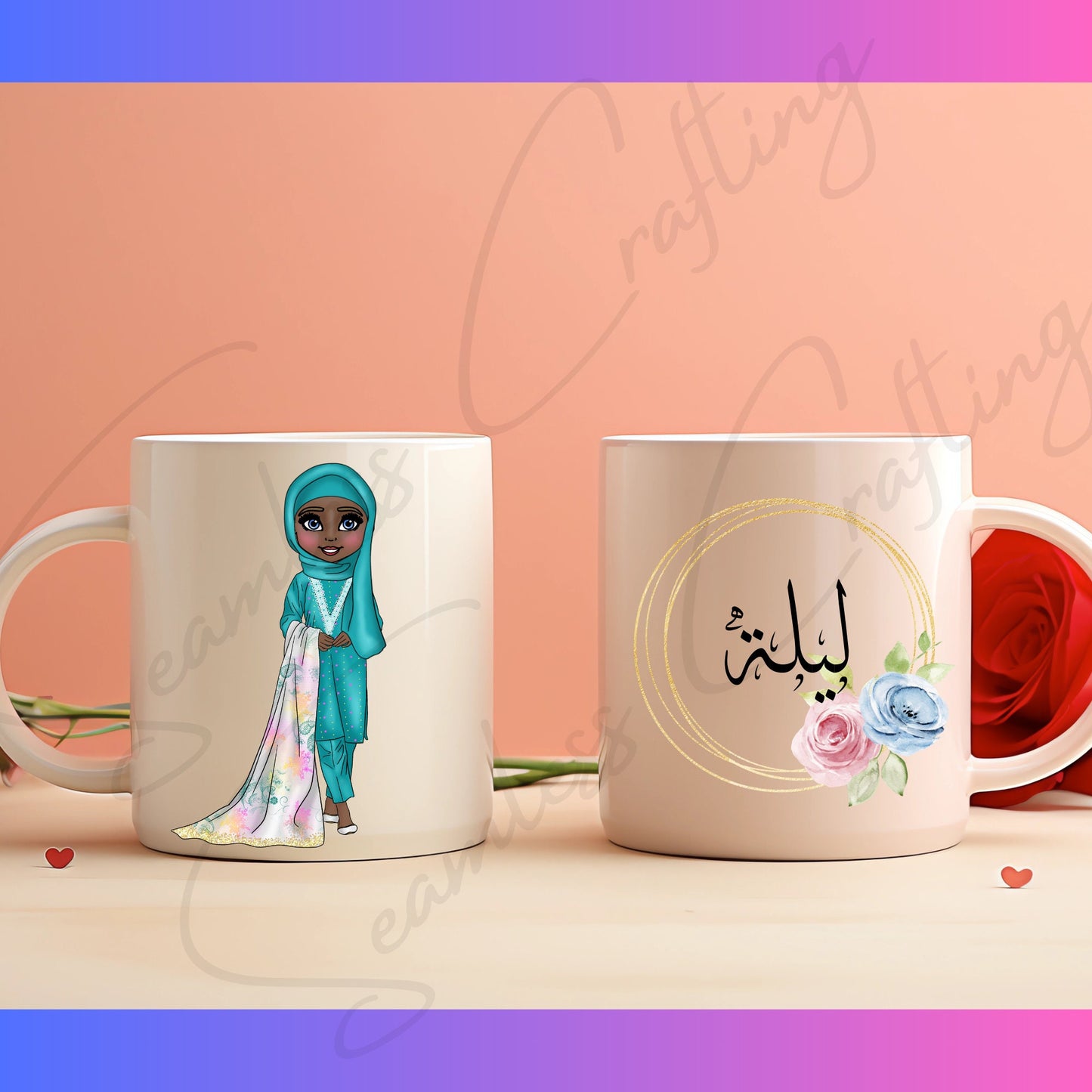 Personalised Eid Gift, Woman hijab, Name in Arabic, Islamic, Mug, Mug Gift For Her, Name Mug, Salwar kameez hijab woman character