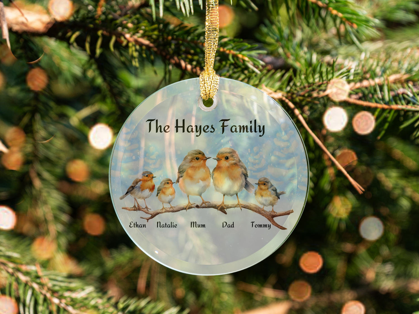 Personalised Robin family clear glass hanging ornament. Christmas gift, Tree decorations present, custom with names, Robin Illustration Deco