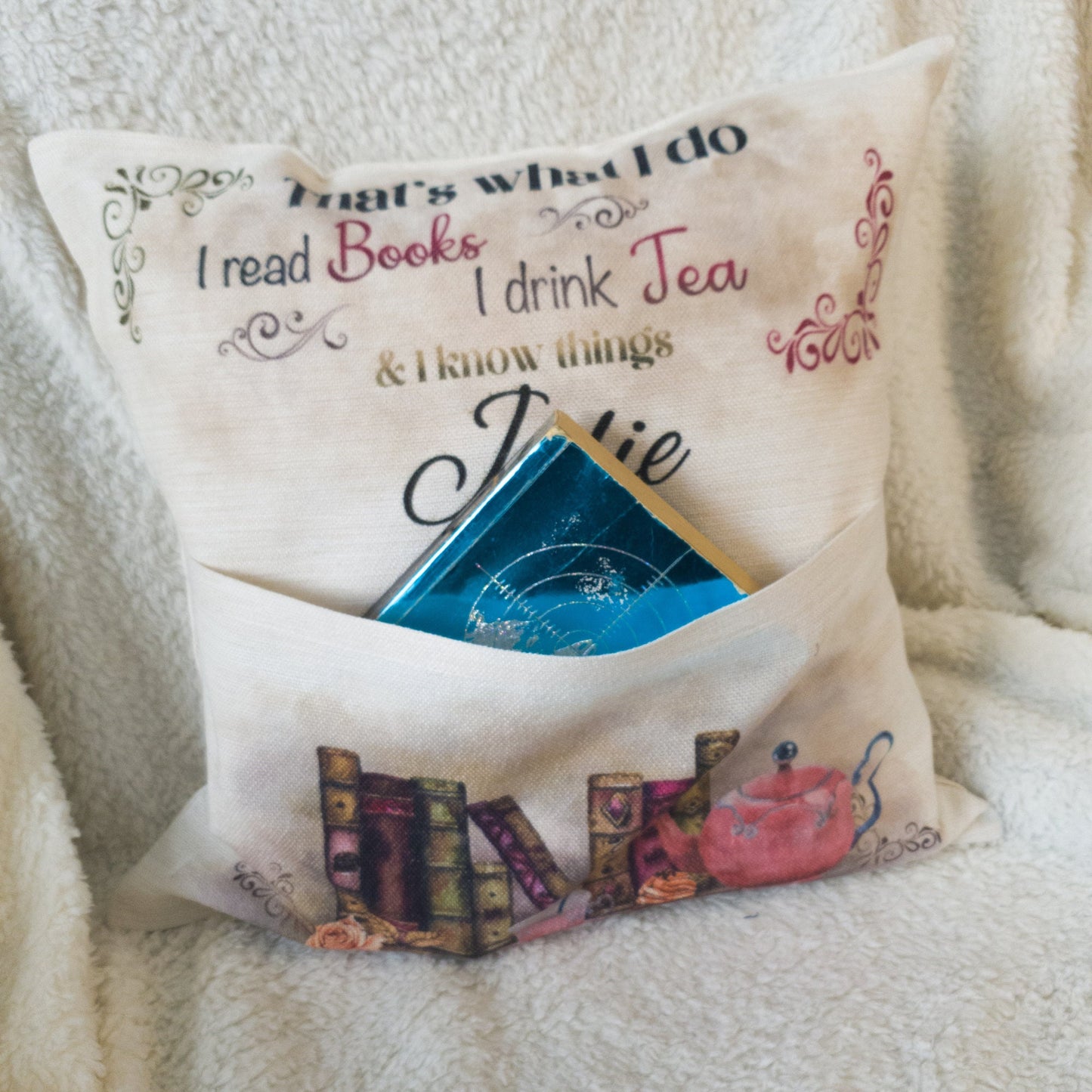 Personalised Pocket Reading Book Cushion, That's what I do cushion gifts, tea and loving reading pillow, Bedroom Decor, Unique Cushion