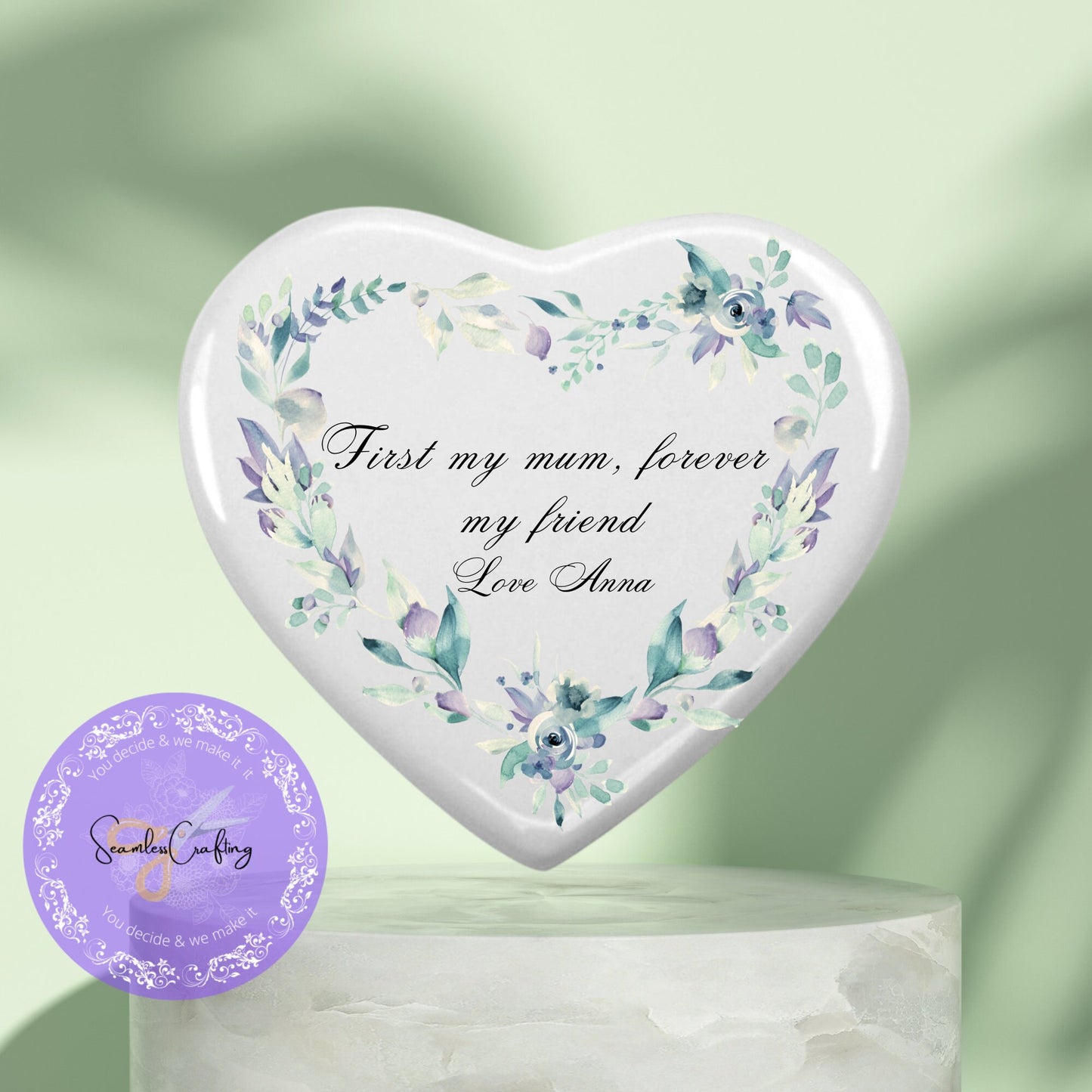Personalised Heart ceramic tile with free plastic Stand easel, Display heart ornament for Mother, ' First my mum, forever my friend