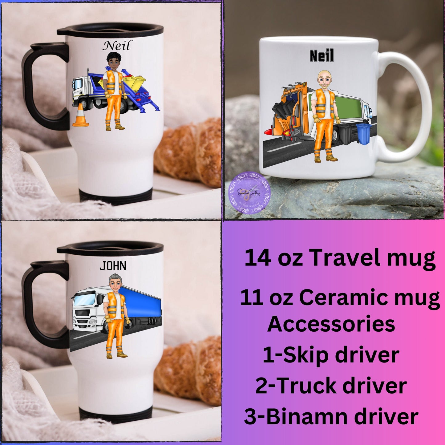 Personalized 14 oz Insulated Travel Mug for Men – Custom Character Coffee Cup with Builder, Binman, Lorry Driver Accessories – Father’s Day Gift for Workmen