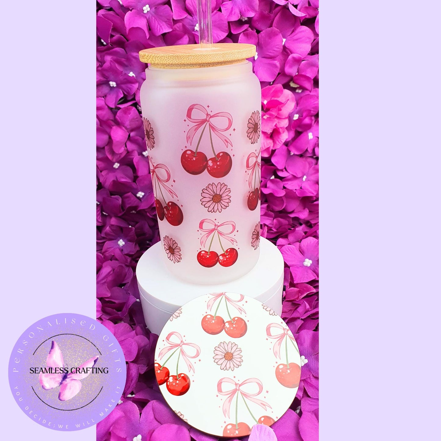 Personalised Cherry Conquette glass cup with lid & strew, Iced coffee mug, summer drink set reusable 16 oz can glass, Tumble cup custom made