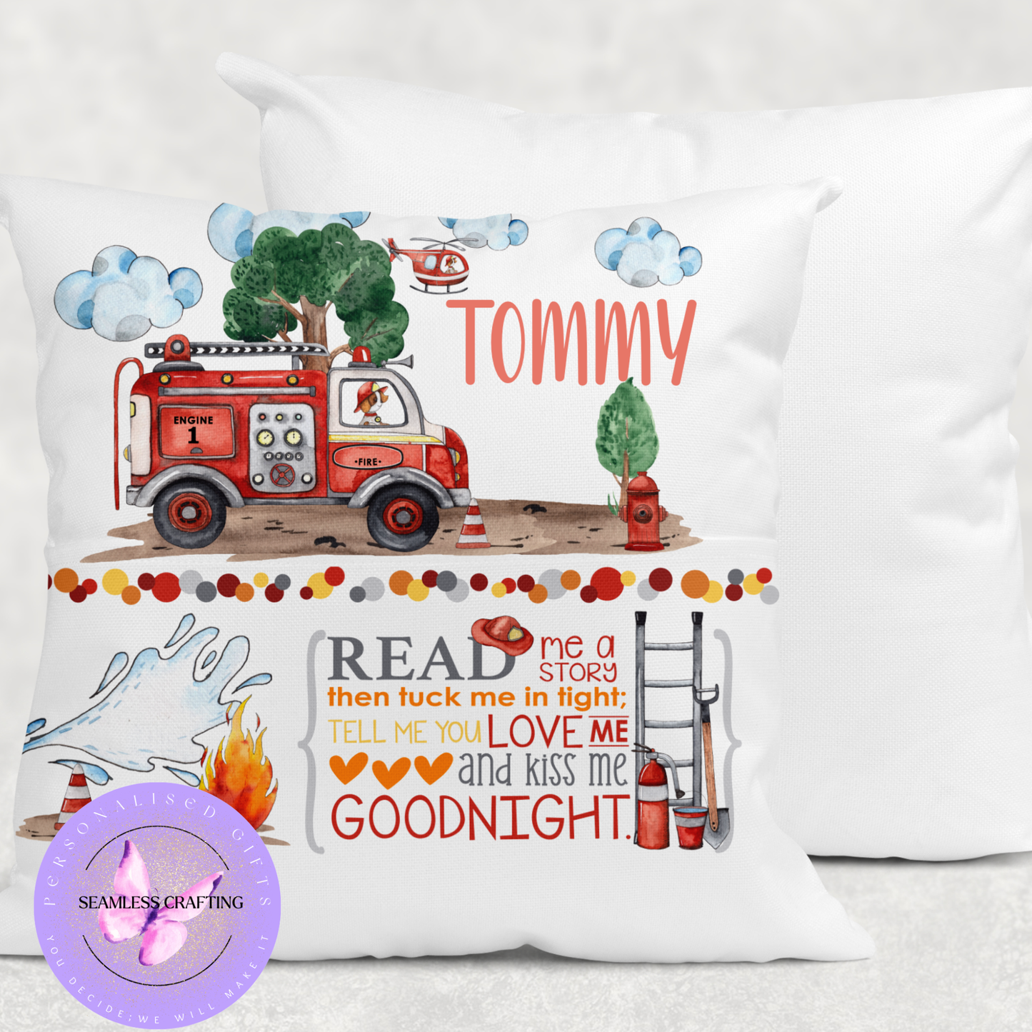 Personalised Fire Engine Reading Cushion – Custom Name Firefighter Book Pillow with Pocket | Boys Fire Truck Bedroom Gift (40cm)