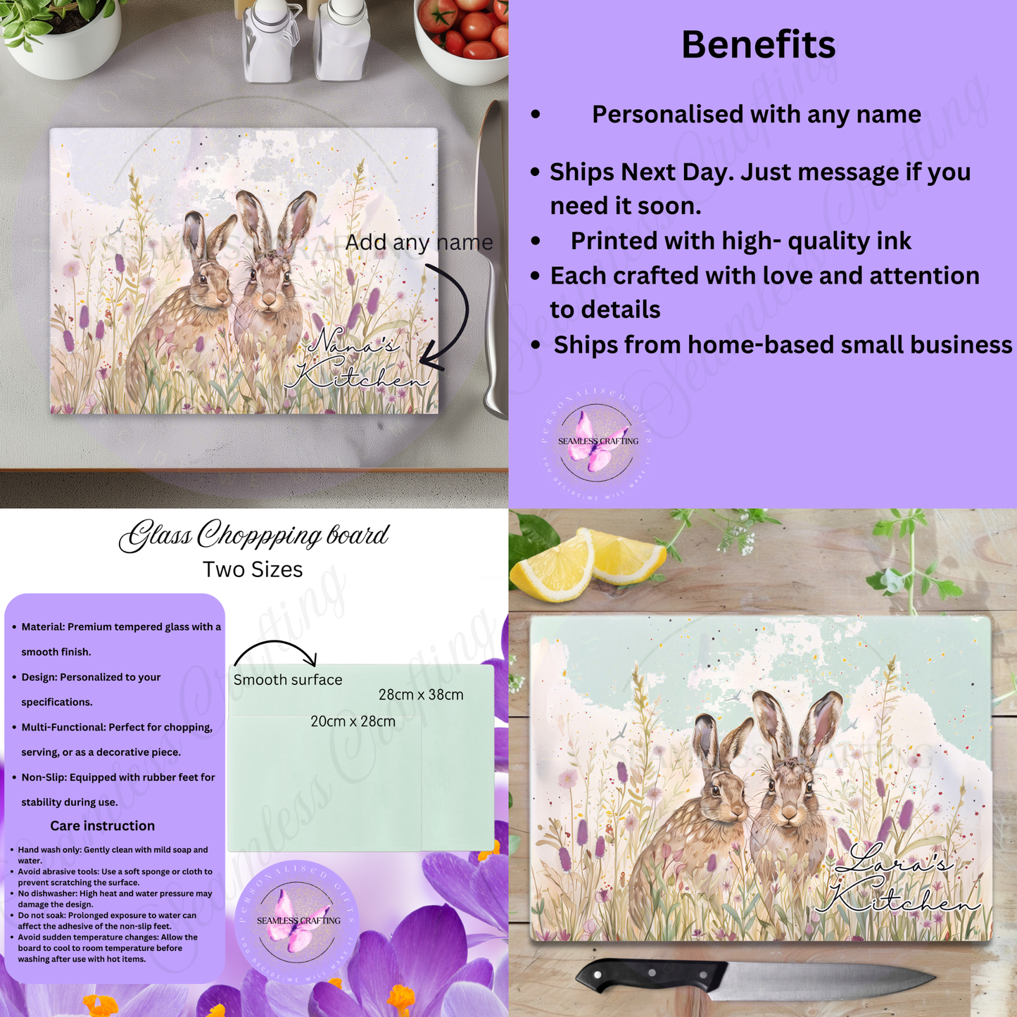 Personalised Glass Chopping Board Spring Hare – Custom Worktop Saver, Kitchen Gift, New Home Gift, Tempered Glass Cutting Board