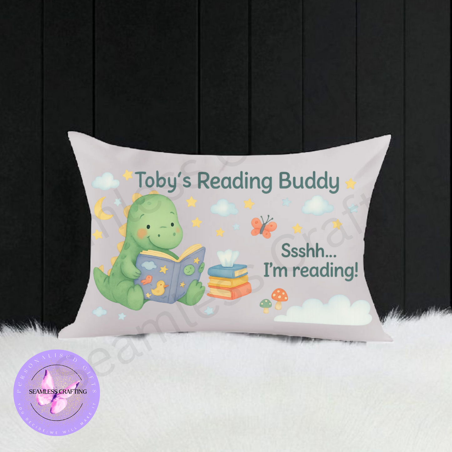 Personalized Reading Buddy Cushion | Custom Kids Pillow with Name | Dinosaur & Unicorn Design | 20x40 cm Canvas Storytime Gift