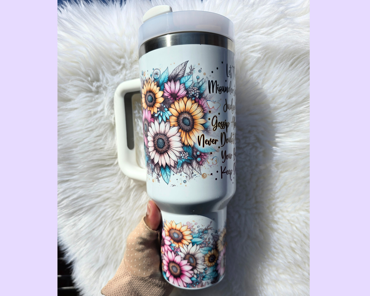 Personalised 40oz Sunflower Positivity Tumbler with Name – Inspirational Quote Mug with Handle & Straw