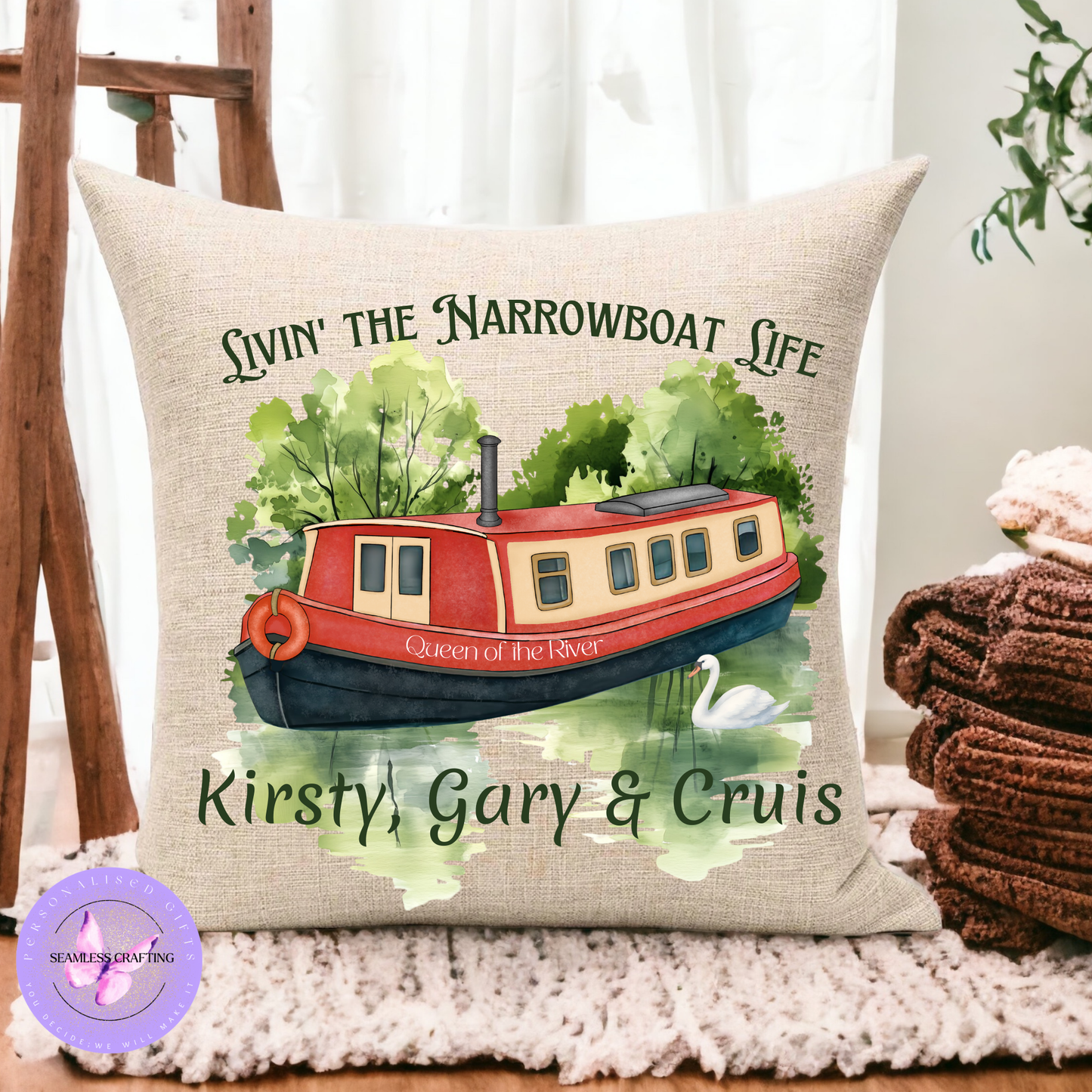 Personalised Narrowboat Cushion, Custom Canal Boat Pillow, Boating Gift, 40cm Linen Canvas, Add Name & Text, Canal Barge, Home Decor