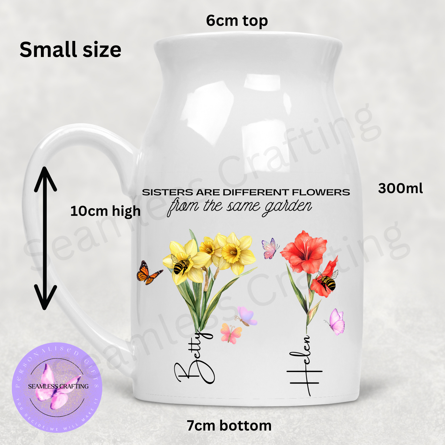 Personalised Sister Jug Vase – Birth Month Flower Gift with Name – Custom Ceramic Keepsake – Small or Medium Size – Floral Sister Gift