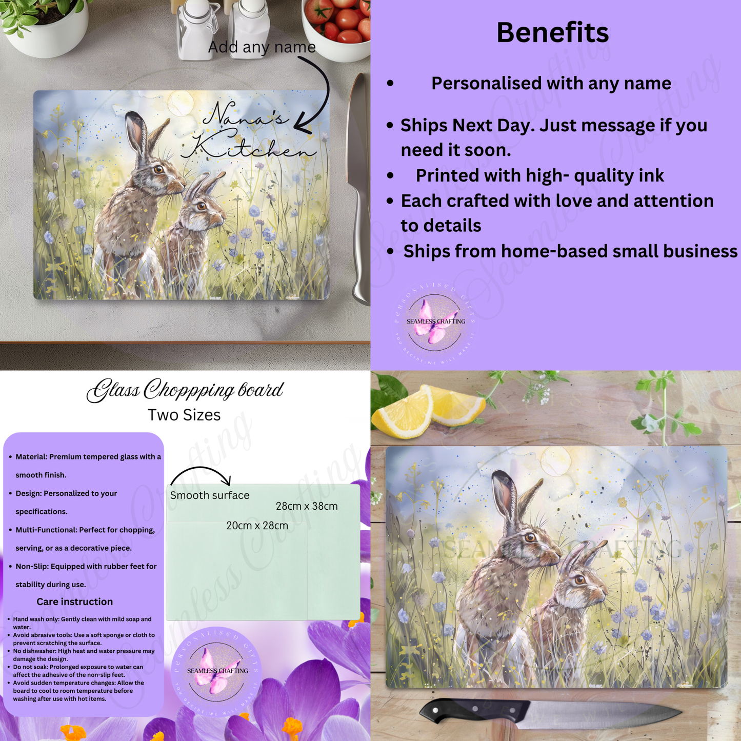 Personalised Glass Chopping Board Spring Hare Design – Custom Worktop Saver with Name, Kitchen Gift, New Home Gift, Tempered Glass Board