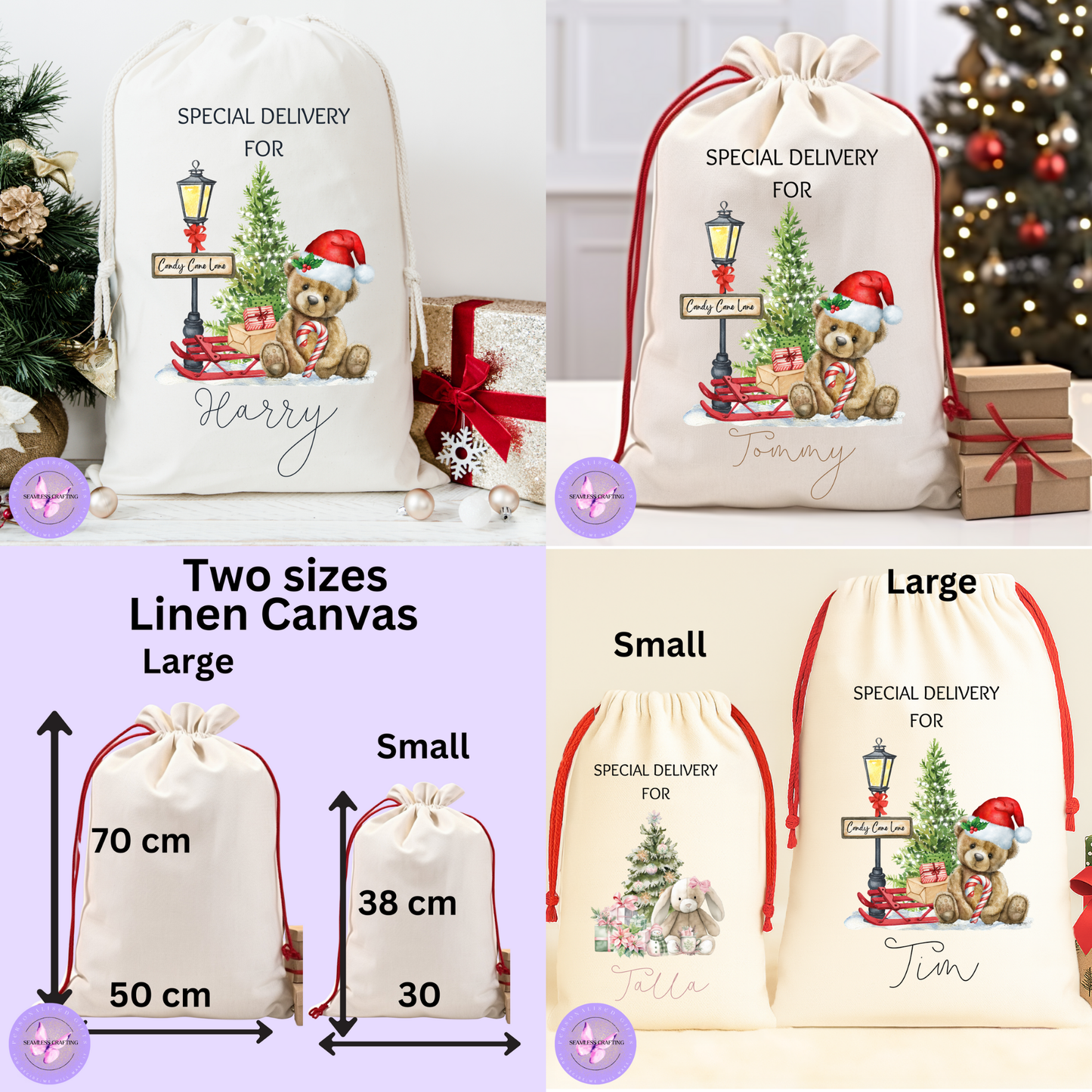 Personalised Teddy Bear Christmas Santa Sack – Candy Cane Lane Gift Bag with Custom Name