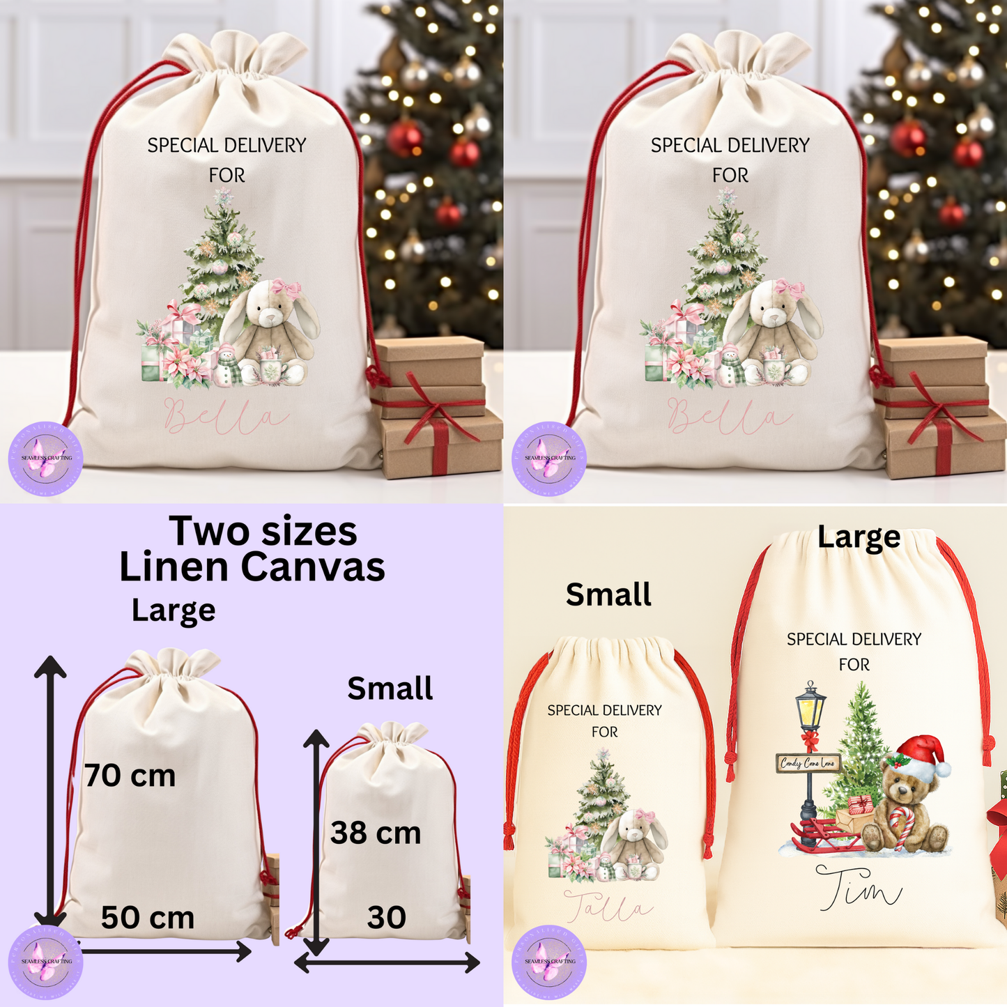 Personalised Bunny Rabbit Christmas Santa Sack – Custom Name Linen Gift Bag for Kids