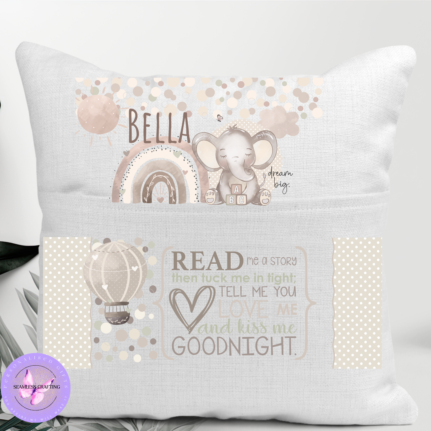 Personalised Girls Reading Cushion – Custom Name Book Pillow with Pocket – Elephant Storytime Cushion for Kids Bedroom