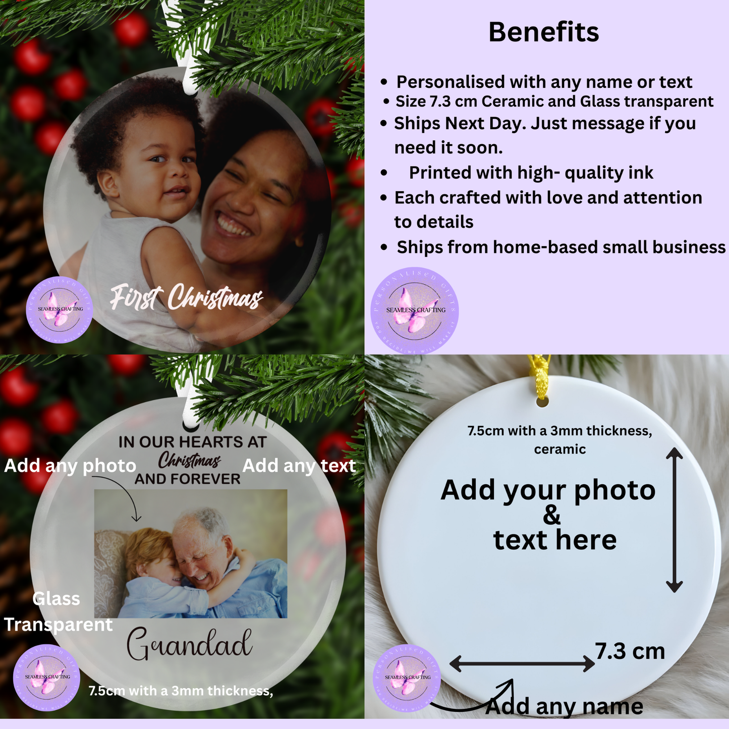Personalised Photo Christmas Ornament – Custom First Christmas Bauble | Memory Keepsake | Ceramic or Glass | Add Any Photo & Text