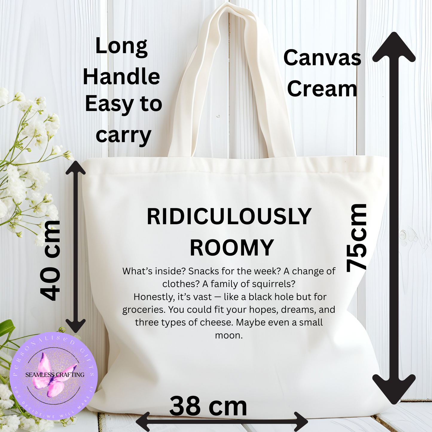 Ridiculously Roomy Canvas Tote Bag – Cream Shoulder Bag with Long Handles – 38x40cm – Eco-Friendly Shopping & Everyday Tote