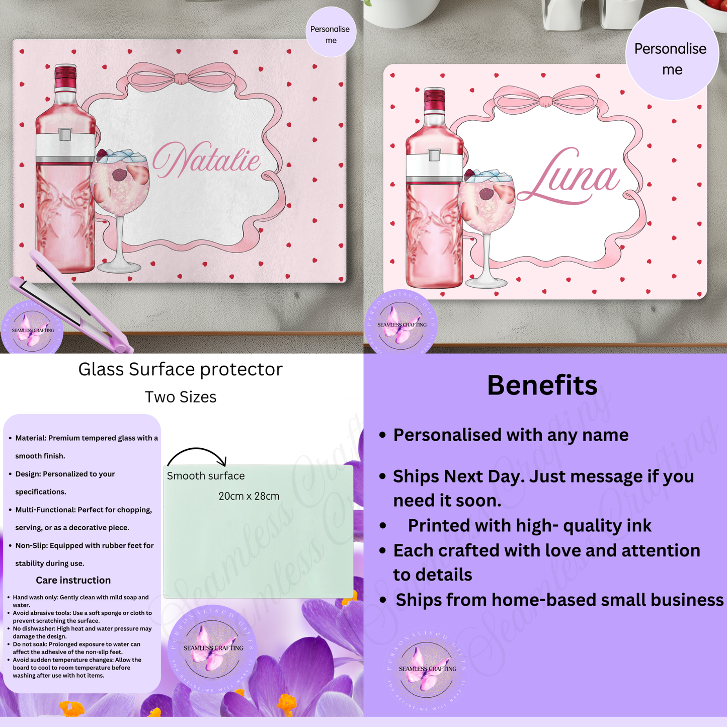Personalised Makeup Counter Saver with Name | Glass Vanity Protector | Custom Dressing Table Mat Gift for Her, Beauty Lover