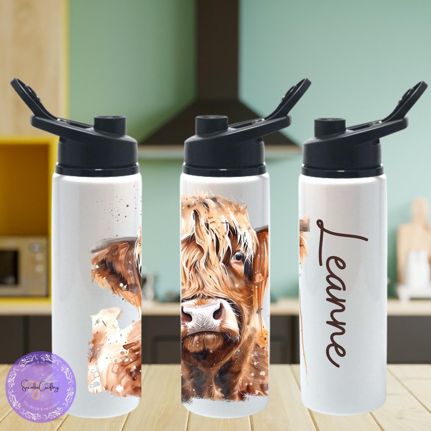 Personalised Highland Cow water Bottle - 20 oz Tumbler Gift, Cute Highland Coo Design, Stainless steel, Add any name thermal cup, fluffy coo