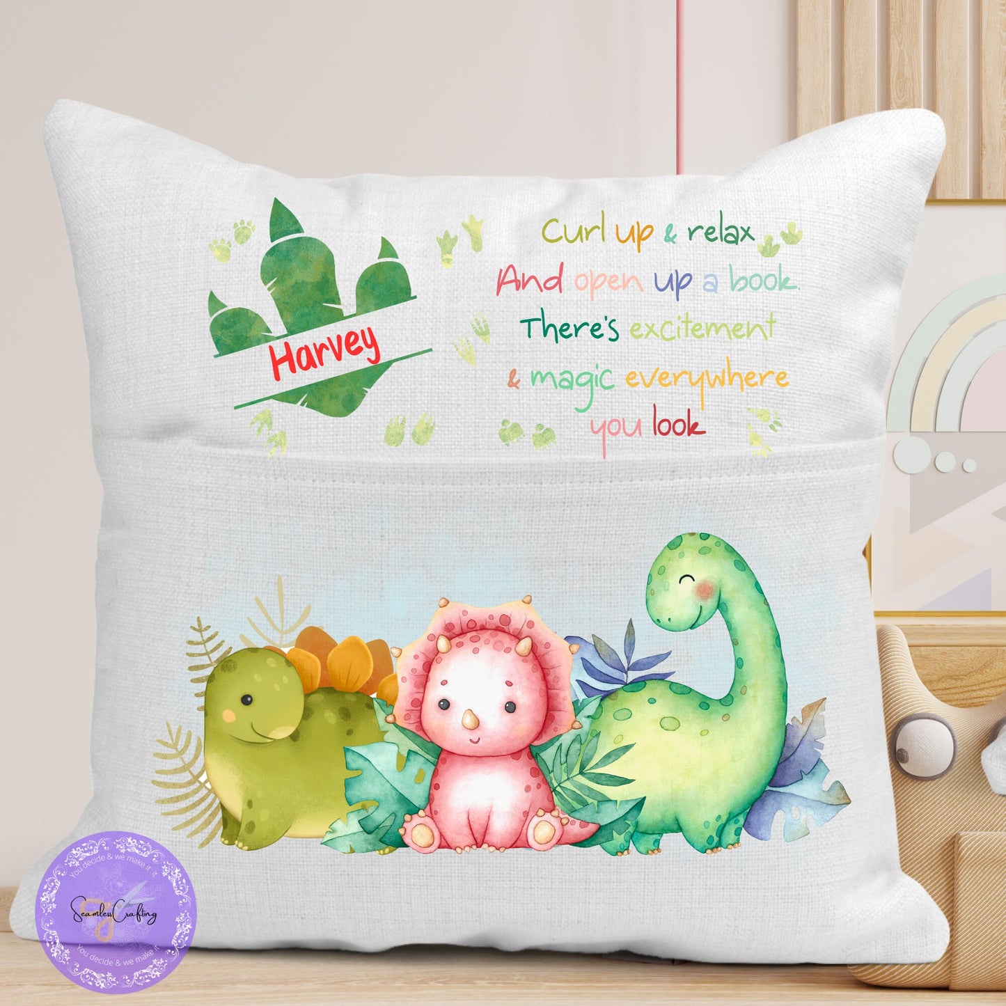 Personalised Dinosaur Pocket Reading Pillow, Customised name Curl up & Relax Cushion,Nursery Gift Pillow, Birthday Gift, First reading gift