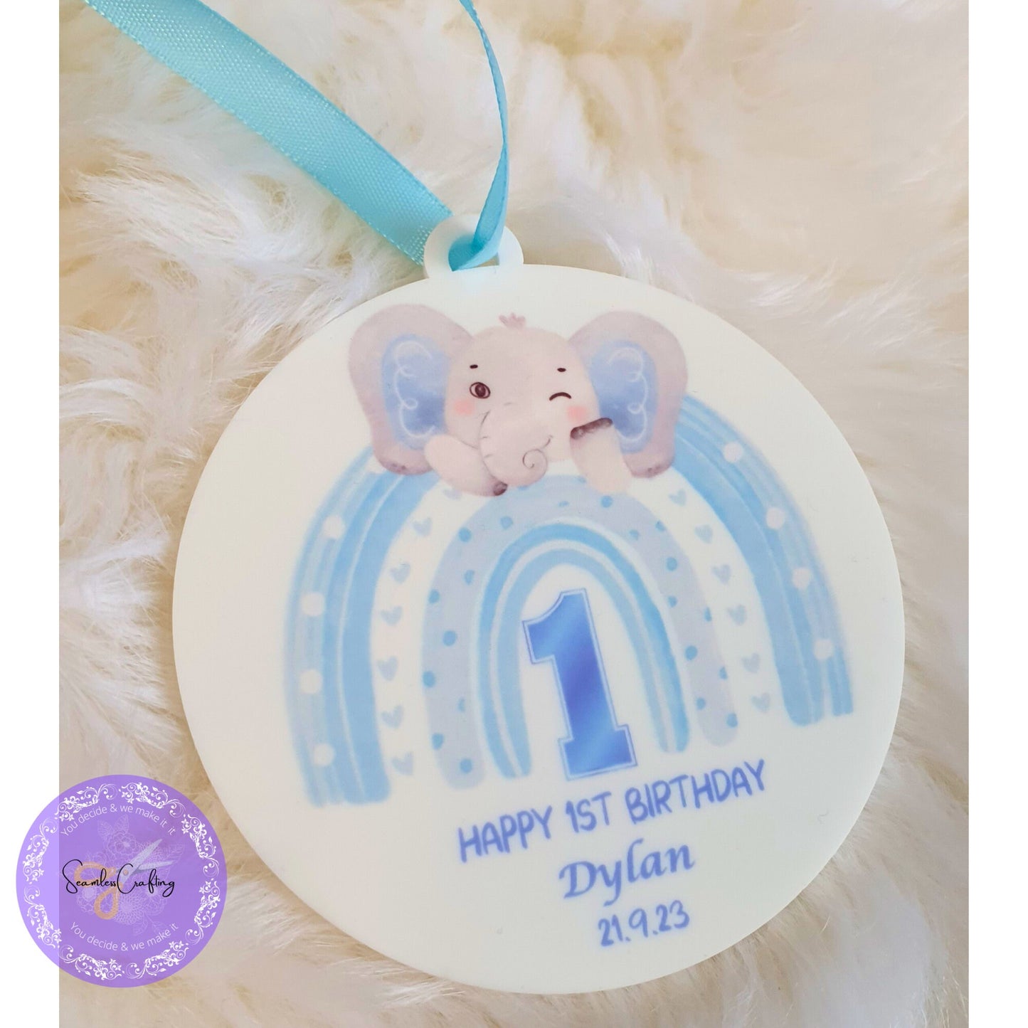 Personalised 1st Birthday plaque, Cute elephant birthday ornament, Keepsake plaque for boy or girl, Acrylic birthday ornament gift with bag