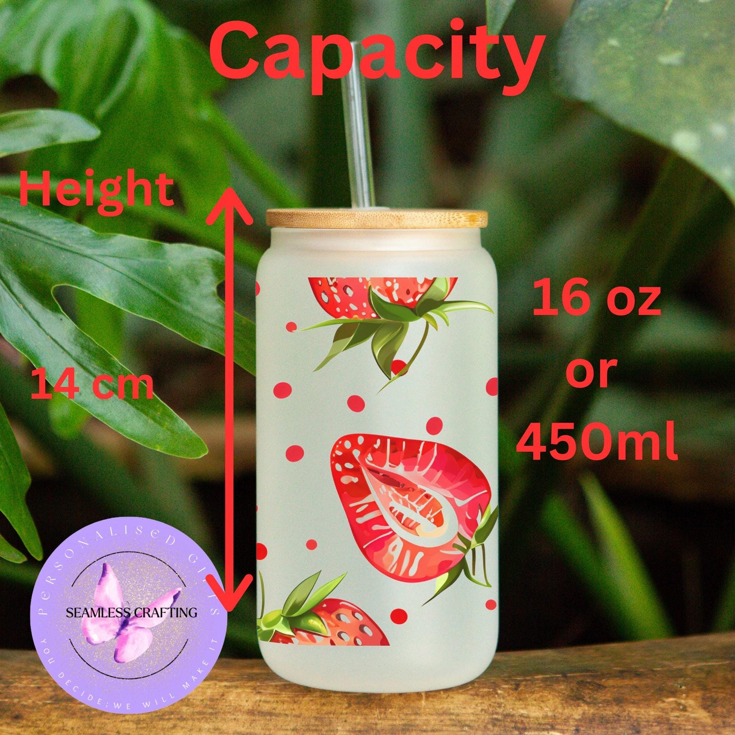 Personalised Strewberry glass cup with lid & strew, Iced coffee mug, summer drink set, reusable 16 oz can glass, cold drinks cup custom made
