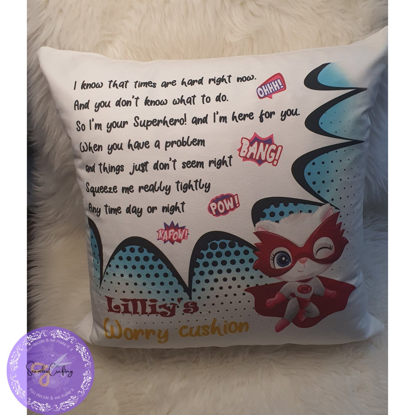 Personalised kids Superhero Cushion, Worry Comforter Soft pillow, Gift bedroom boys and girls, I know times are hard, Bad Dreams Comforter