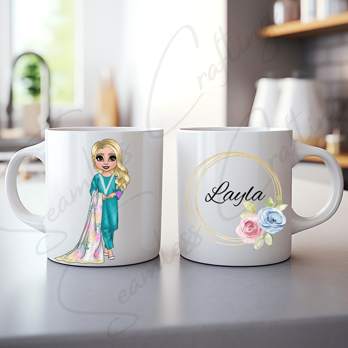 Personalised Eid Gift, Woman hijab, Name in Arabic, Islamic, Mug, Mug Gift For Her, Name Mug, Salwar kameez hijab woman character