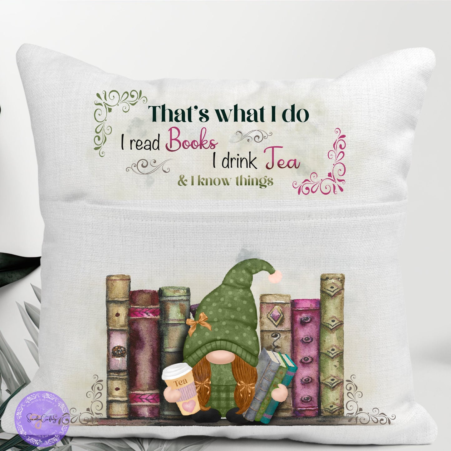 Personalised Gnome Pocket Reading Book Cushion, That's what I do cushion gifts, tea and loving reading pillow, Bedroom Decor, Unique Cushion