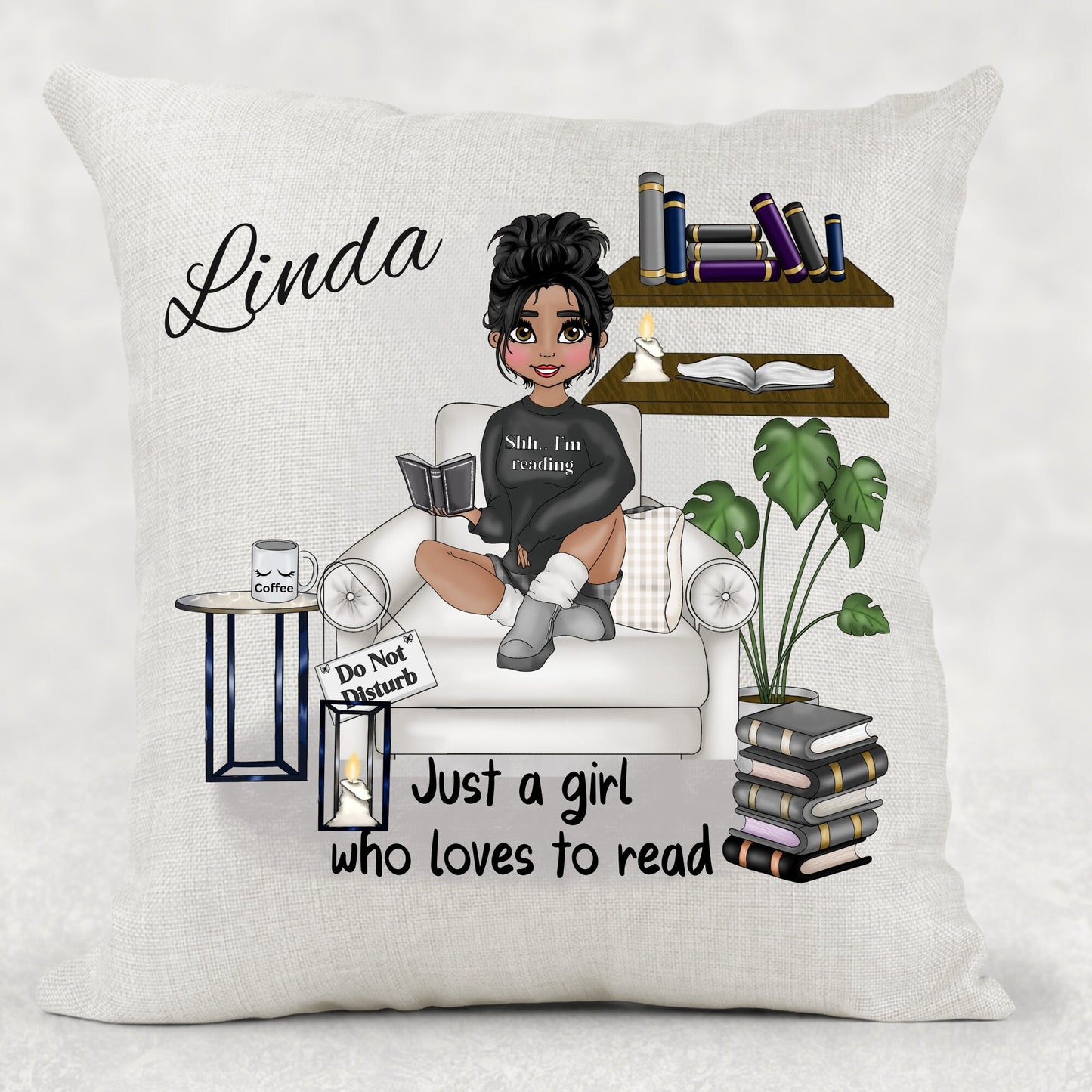 Personalised Reading Book Cushion, Just a girl who loves books, loving reading pillow, Bedroom Decor, Unique Cushion, Design Your Character