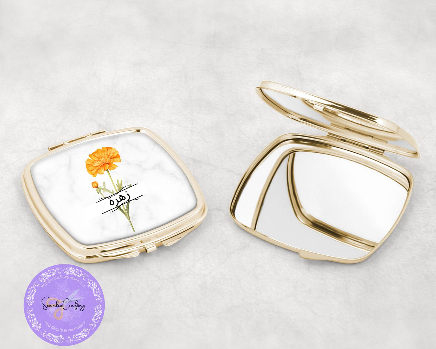 Personalised Pocket Flower of the Month Compact Mirror, add any name, Gift for her, Bridal gift, Rose Gold, Gold Mirror, Wedding Favor