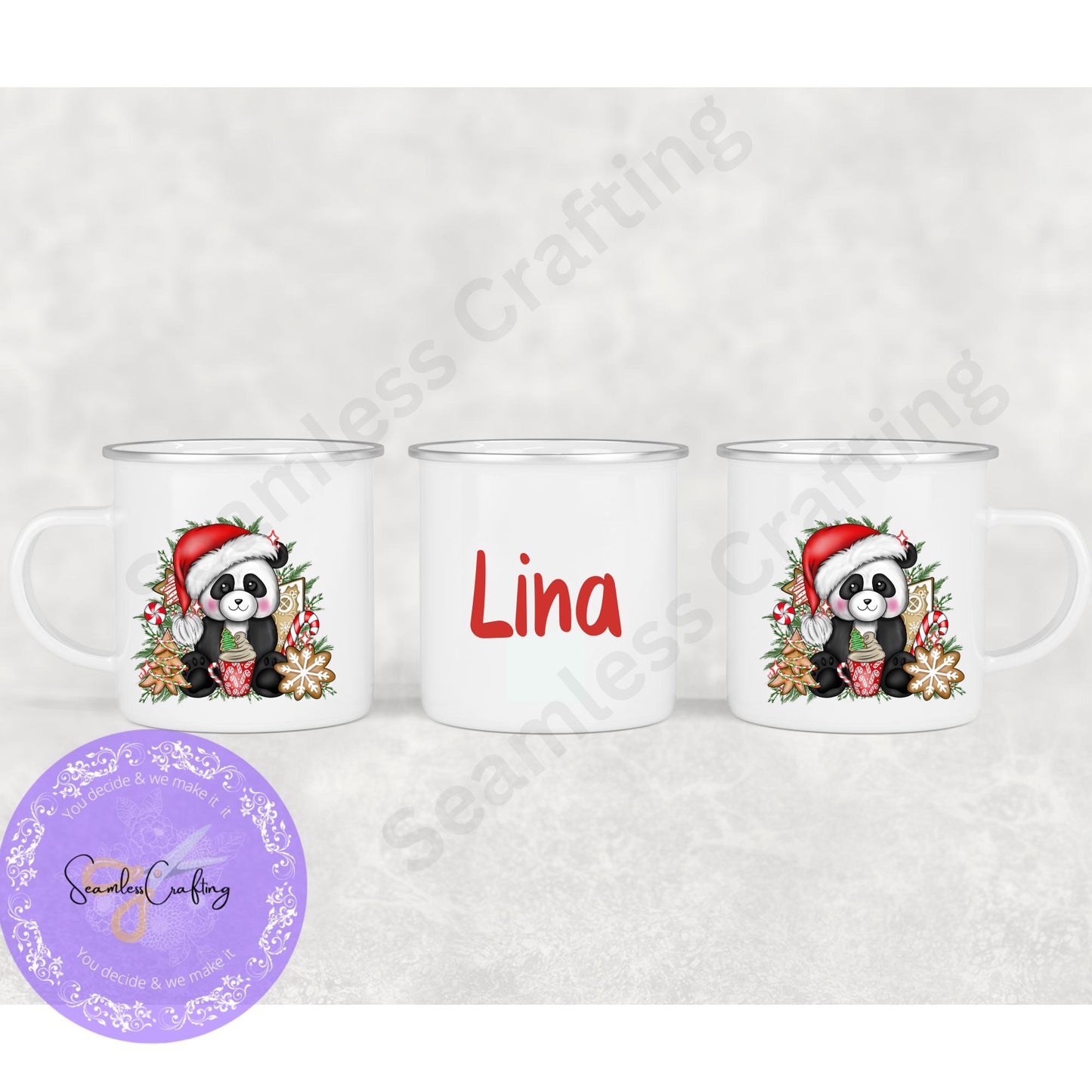 Personalised Christmas Panda, Children's unbreakable cup, 6 0z &12 oz Christmas movie mug, Hot chocolate mug, Pink, Red Panda, Add any name