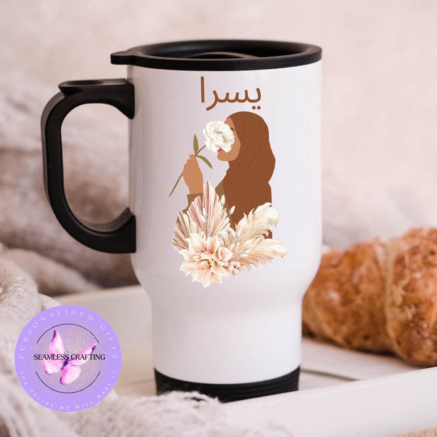 Personalised Eid Gift, Muslim Woman hijab Mug, Name in Arabic, Islamic, Mug, Hijabi Tumbler Gift For Her, Islamic Name Mug, flower hijab