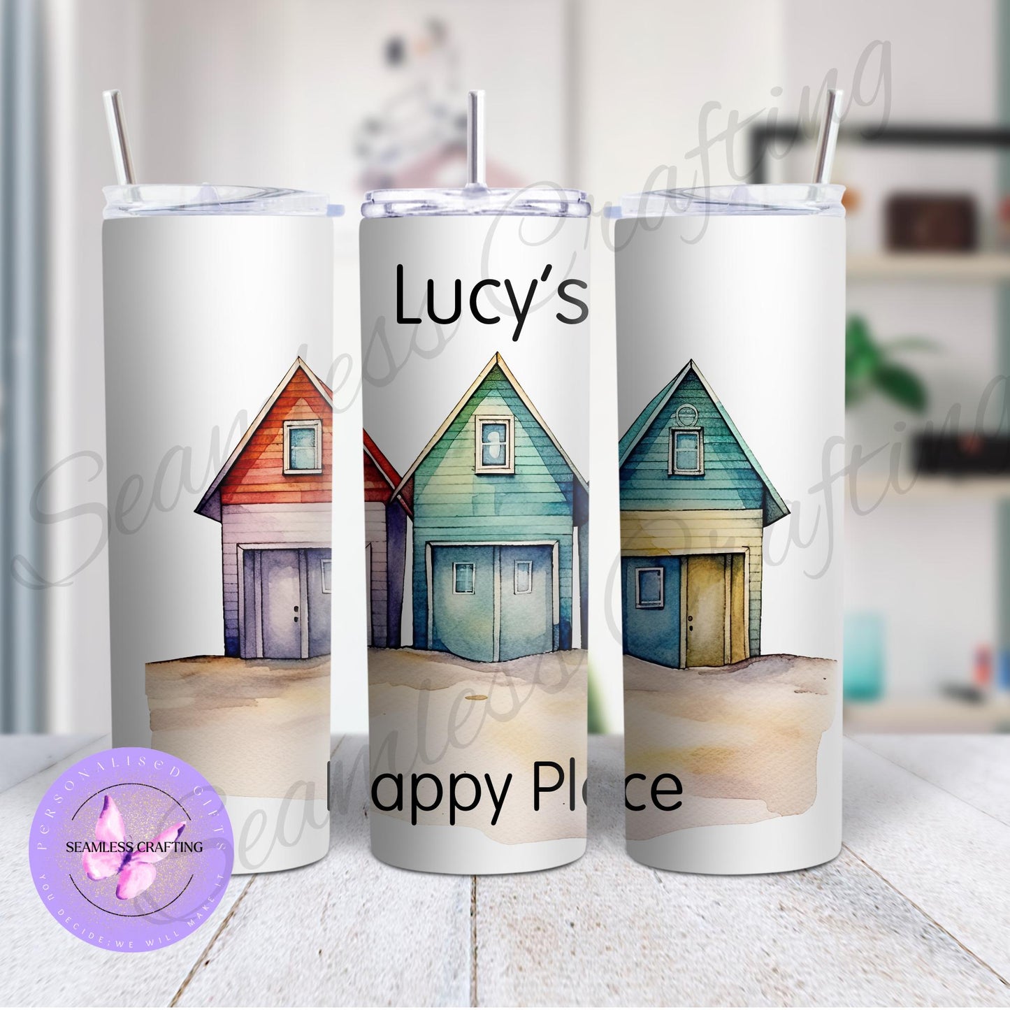 Personalised Beach Hut Gifts, Linen canvas Beach hut Cushion, Summer hut travel mug, ceramic cup, Nautical present, gift for her,him