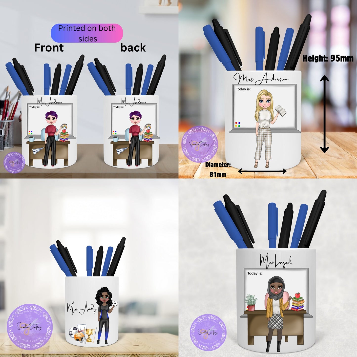 Personalised Female teacher Caricature, Character Pencil holder, End of School present, New Teacher, build your character, pens pot gift