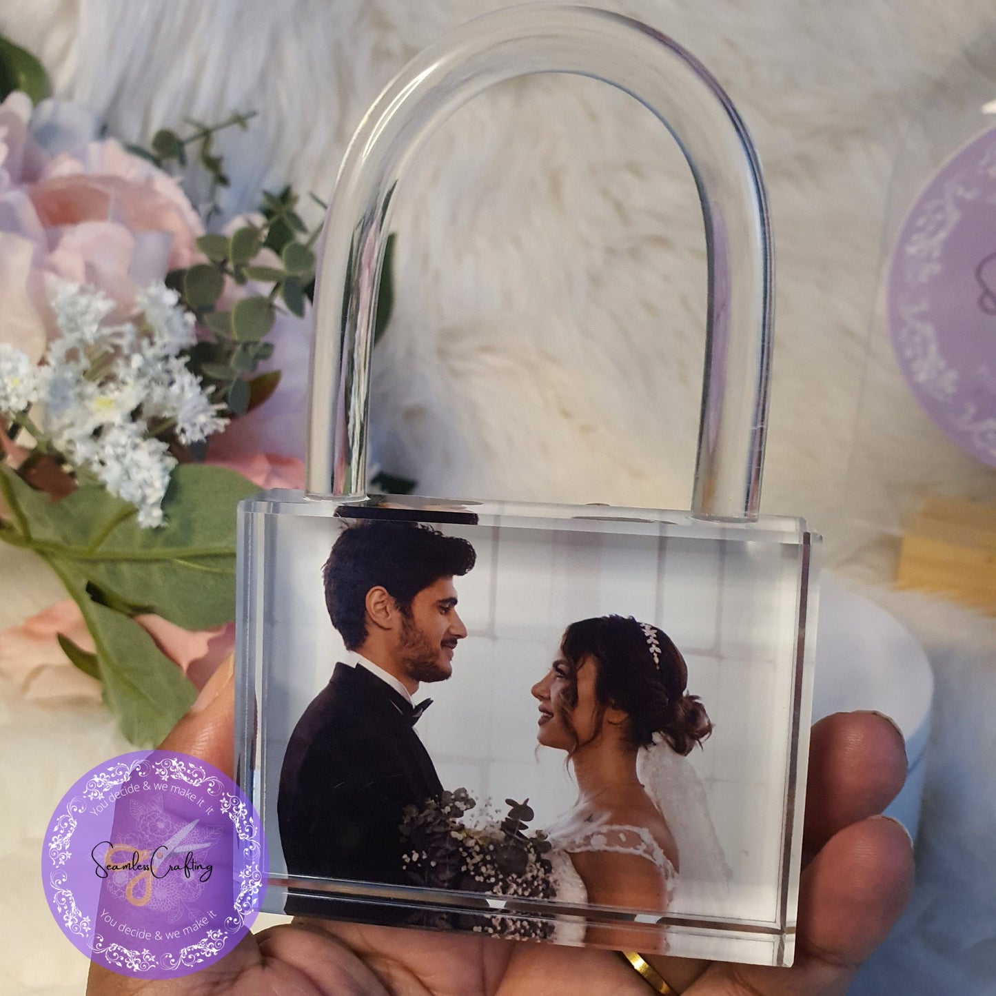 Personalised 3D Padlock Photo Crystal, Cube 3D photo Frame Gift, Glass Photo Block, Crystal lock block For couple, Newly Wed Gift,Any photo