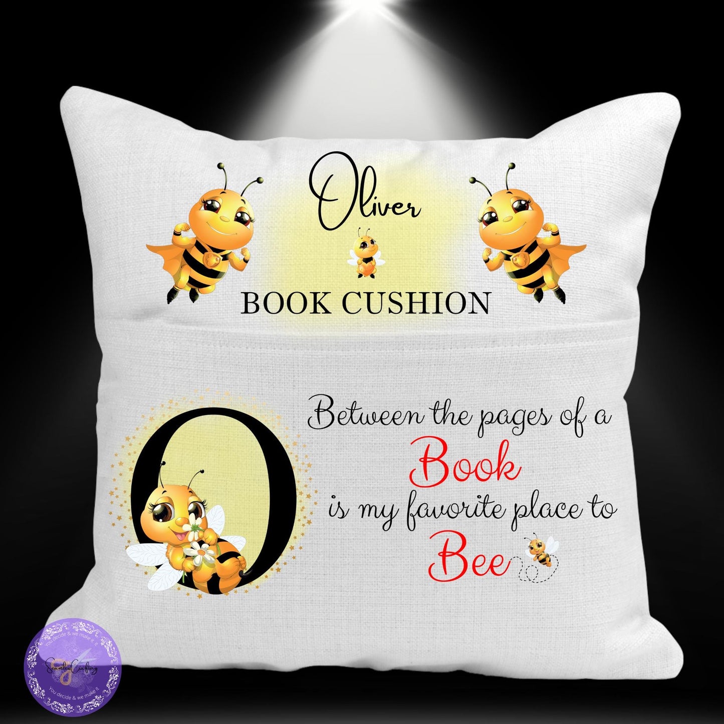 Personalised Bee Reading Cushion, Storytime Pillow, Reading Pocket cushion, Bedroom nursery decor, Booklover gifts, Canvas Linen Cushion