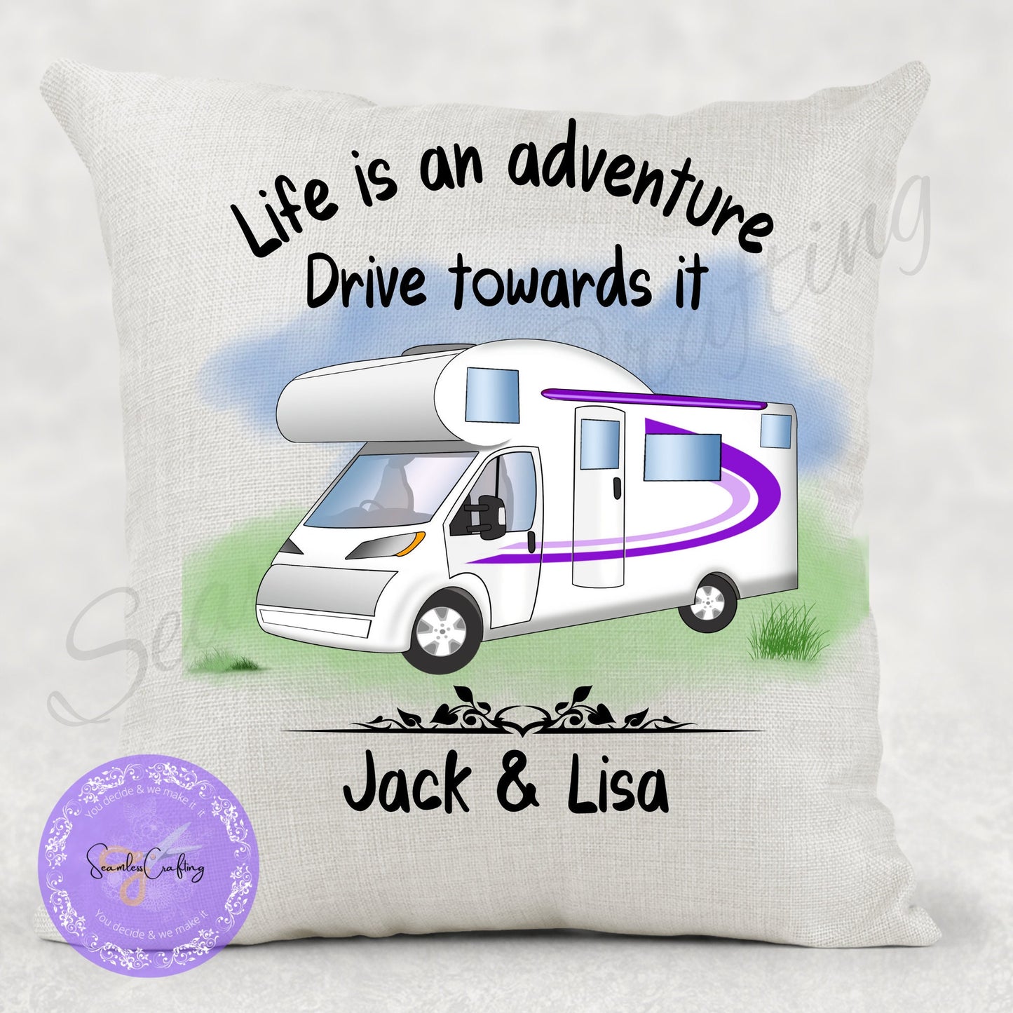 Personalised Motorhome Linen Cushion, add any text name, Campervan owners gifts, camping Pillow, Outdoor lovers present, First RV gift