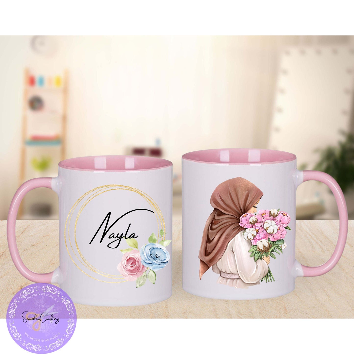 Personalised Eid Gift, Muslim Woman hijab Mug, Name in Arabic, Gold wreath Mug,Hijabi Mug Gift For Her, Islamic Name Mug, flower hijab woman