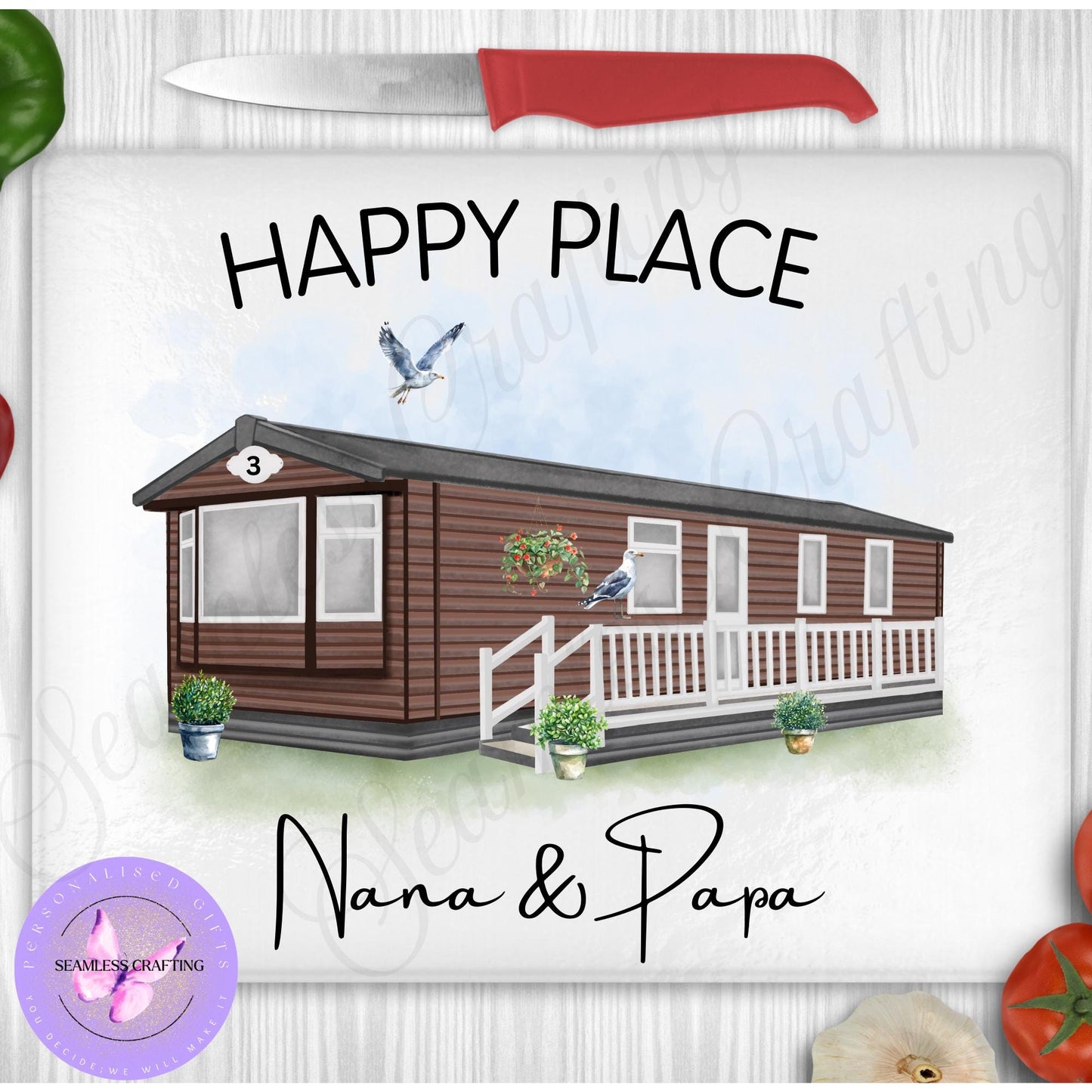 Personalised Static Caravan chopping board gift, Custom any text & names, Campervan holiday gift, Static owners presents, New home gift