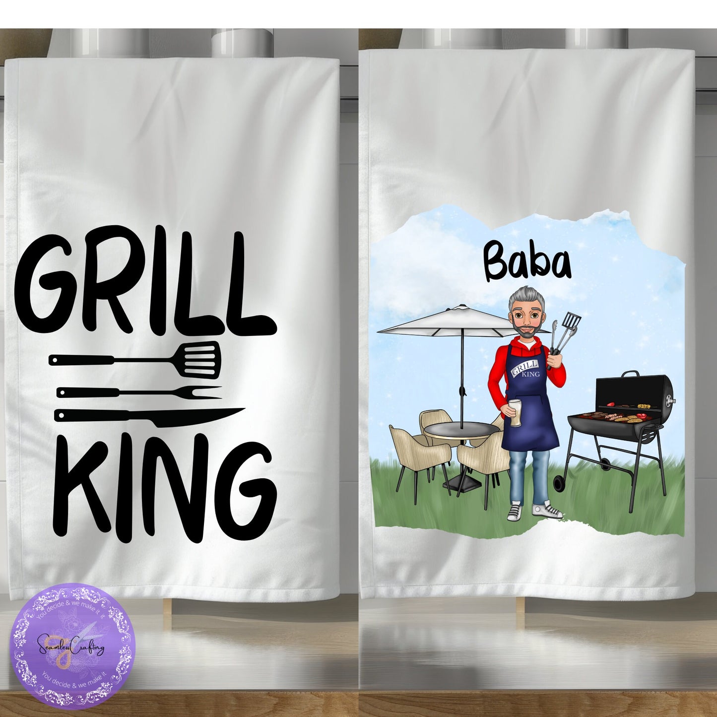 Personalised Character Barbeque Grill King Character Tea towel, Dad Grandfather gift, BBQ kitchen towel, build your caricature, add any text