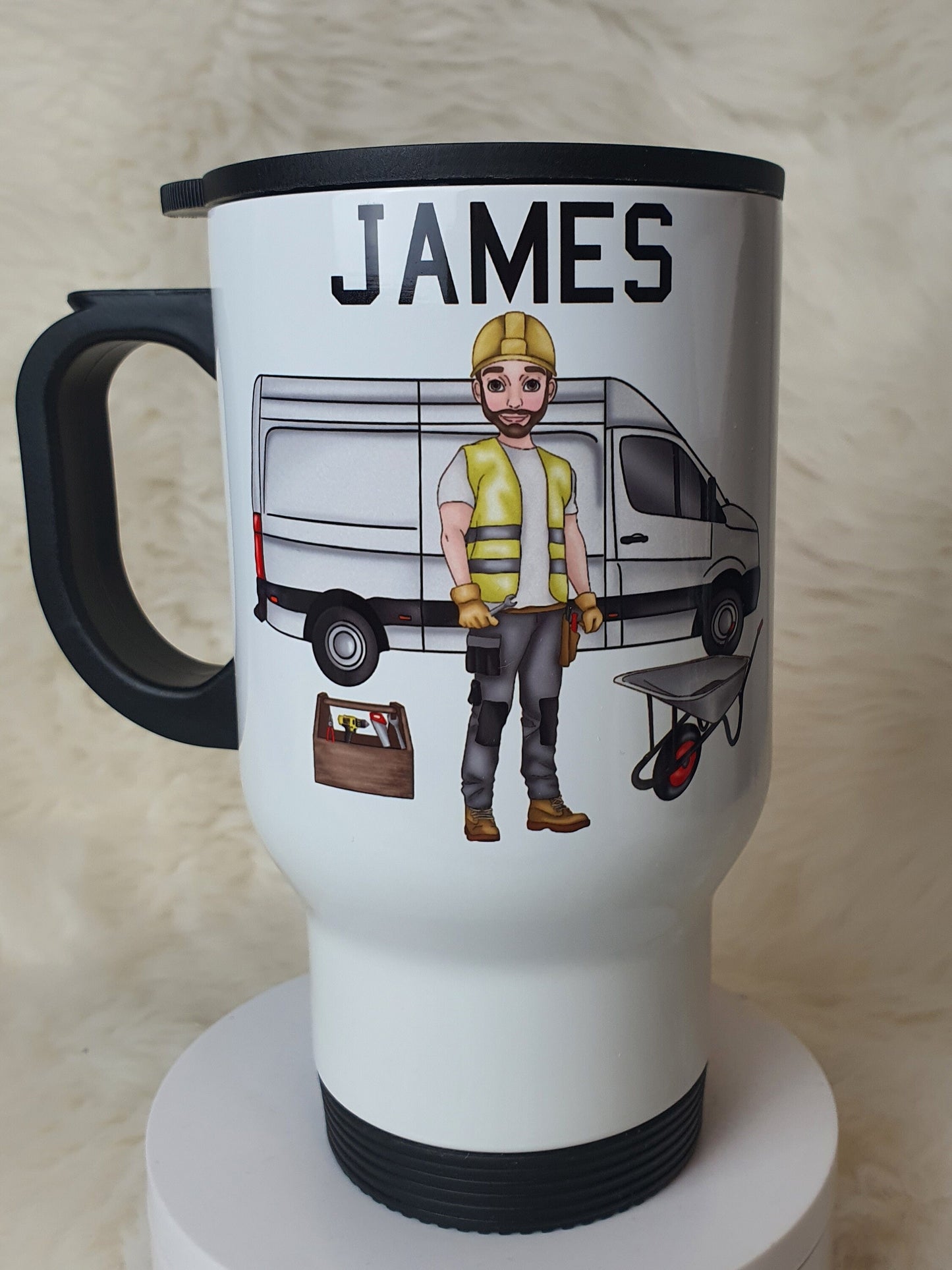 Personalised travel mug builder workman Gift, Construction worker Engineer, Handyman contractor Builder, Workman joiner yellow vest mug gift