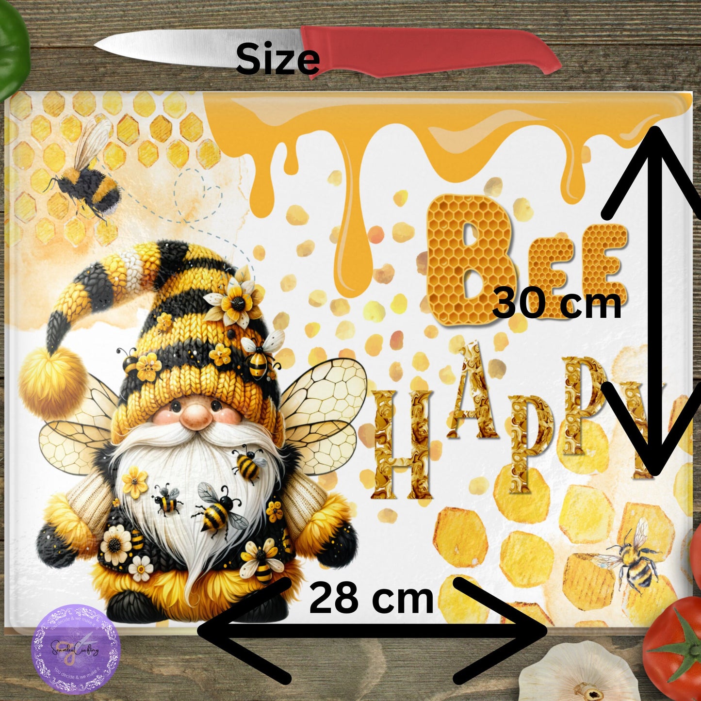 Personalised Glass Gnome chopping board, Cooking lover gift, Tampered Glass, Baker, Chef cooking Aid, Birthday Gift, Bee happy Motivational