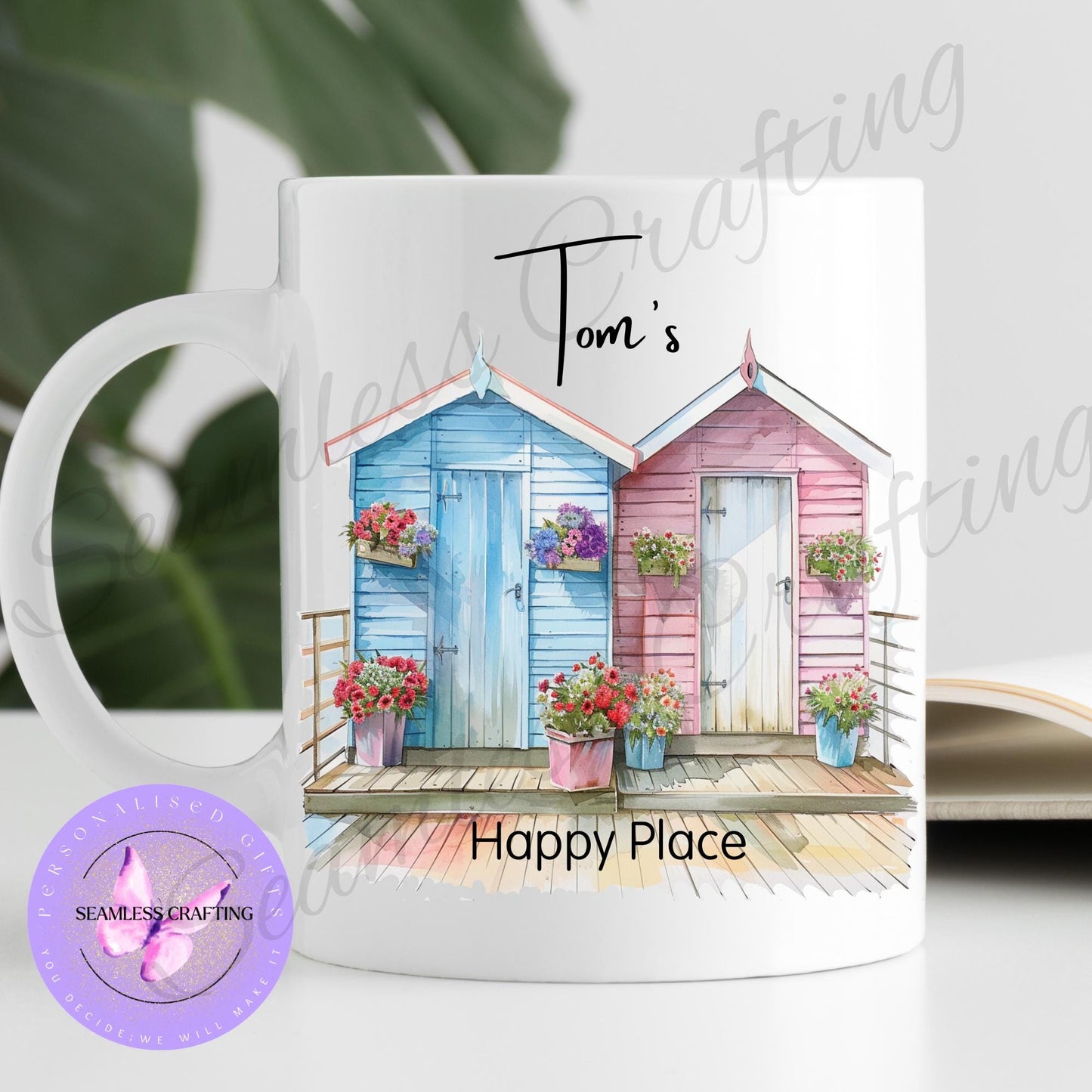Personalised Beach Hut Gifts, Linen canvas Beach hut Cushion, Summer hut travel mug, ceramic cup, Nautical present, gift for her,him