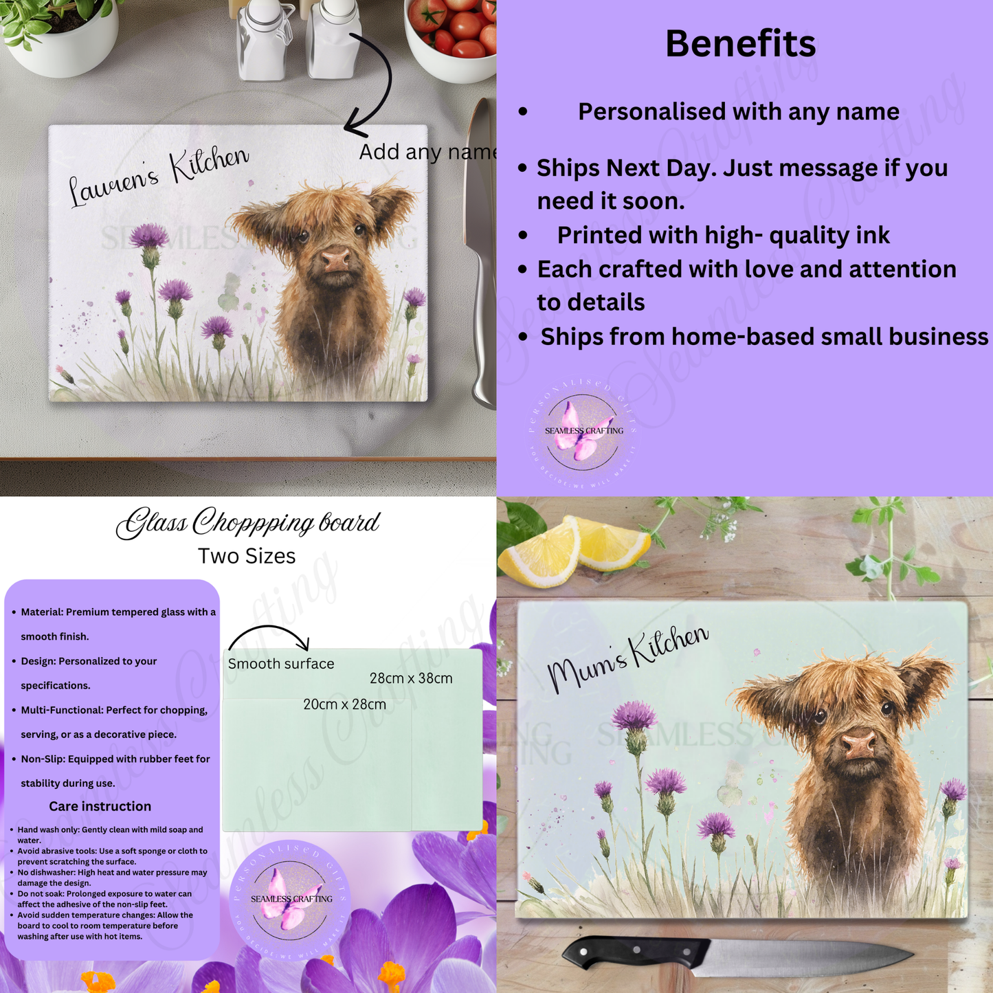 highland cow glass chopping board on kitchen counter styled mockup