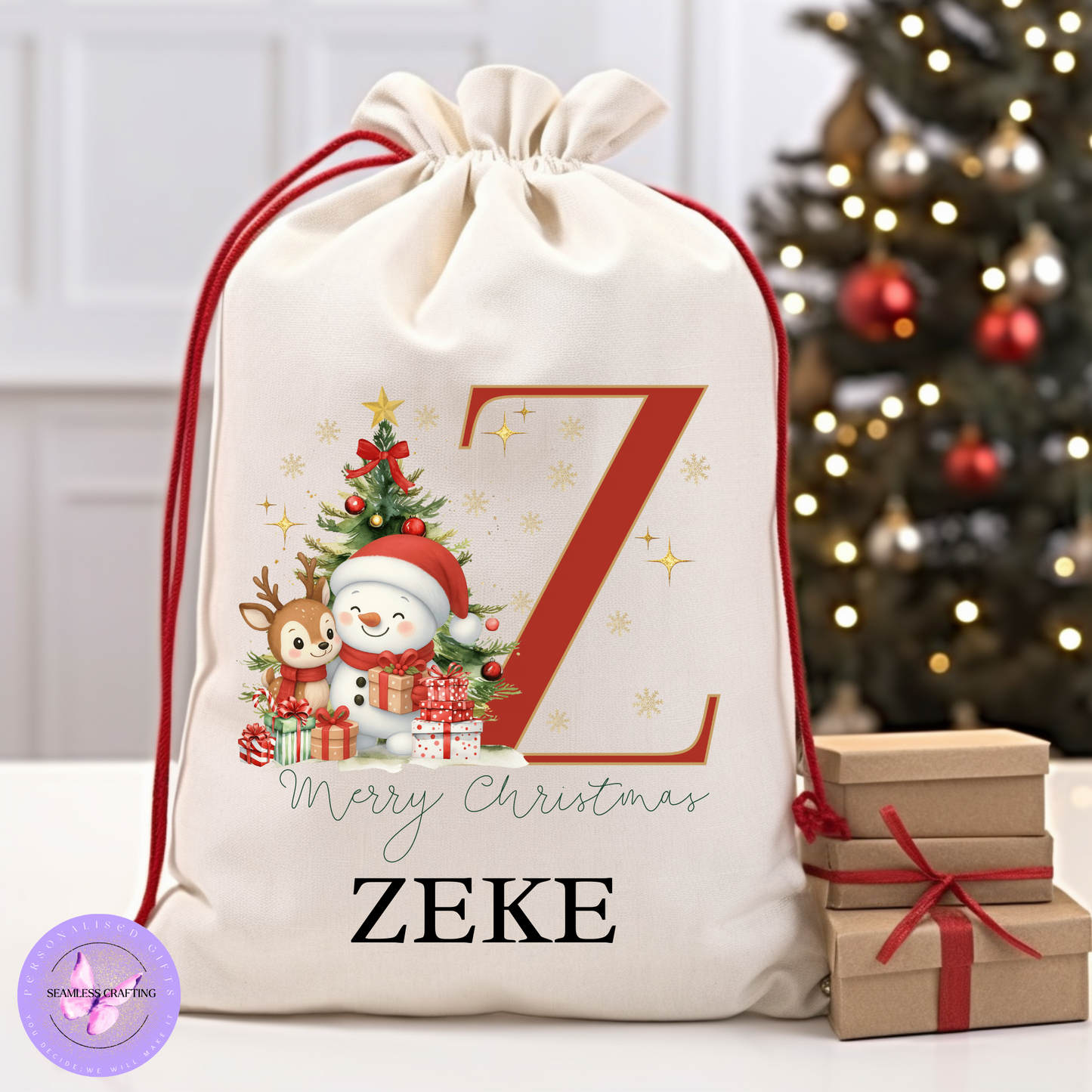 ersonalised Snowman Alphabet Christmas Santa Sack – Custom Name Linen Gift Bag | Large & Small Sizes