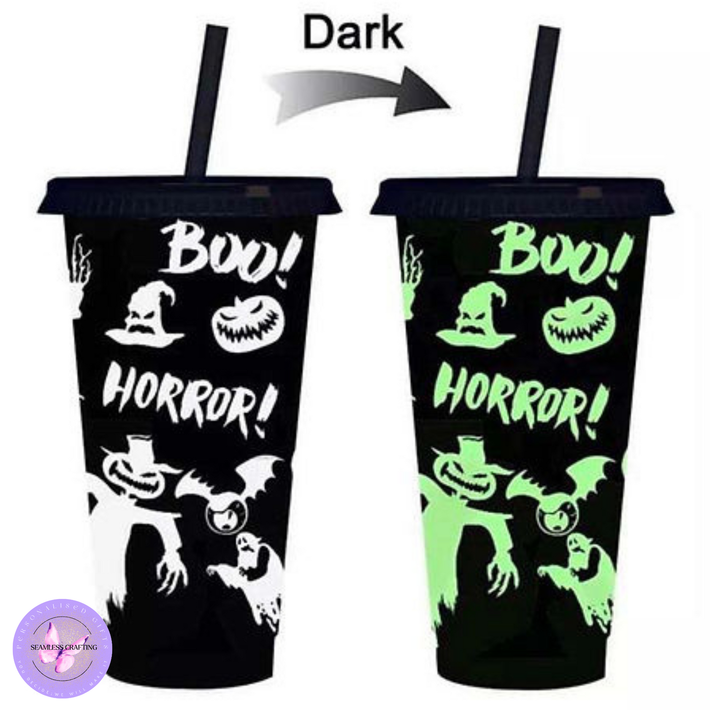 24oz Halloween Glow in the Dark Cold Cup – Boo Horror Reusable Tumbler with Lid & Straw