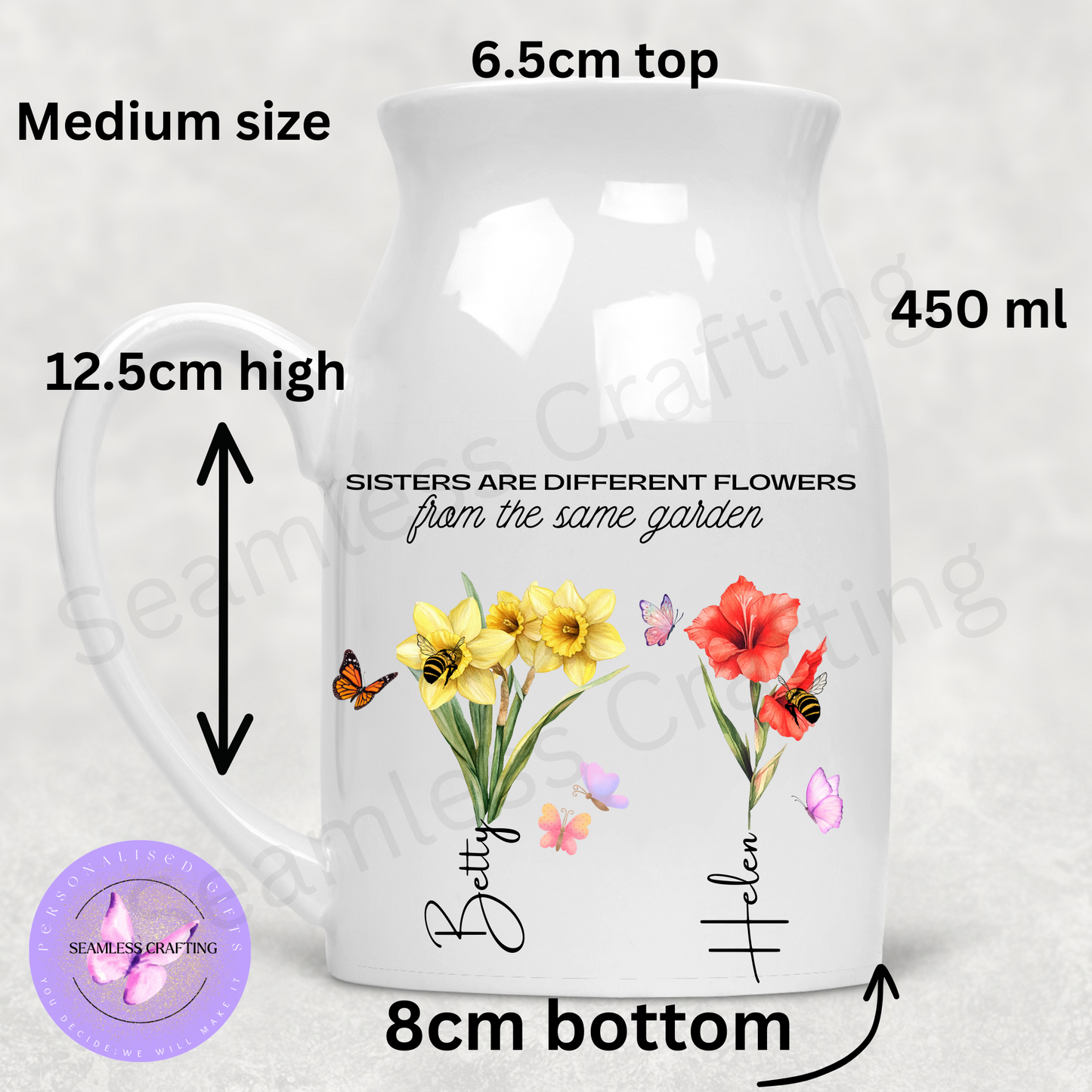 Personalised Sister Jug Vase – Birth Month Flower Gift with Name – Custom Ceramic Keepsake – Small or Medium Size – Floral Sister Gift