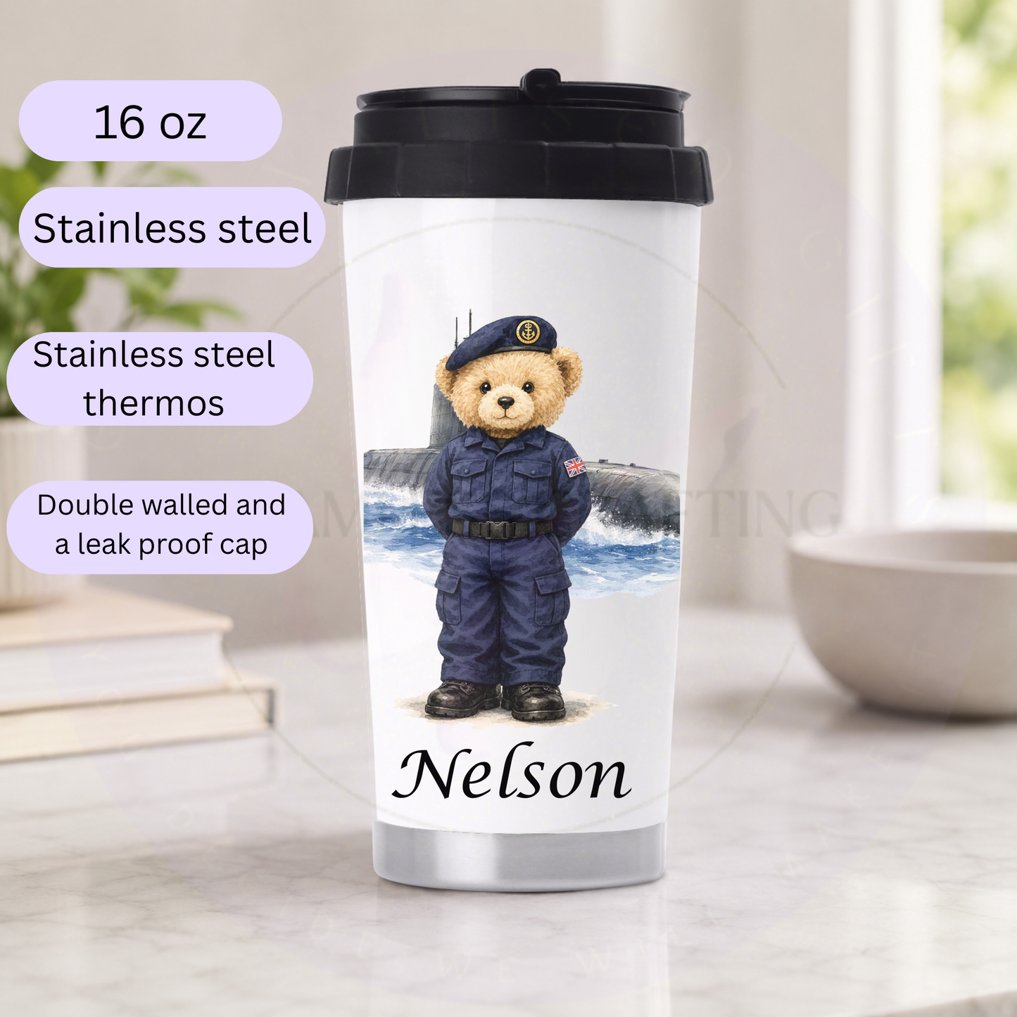 Personalised Royal Navy bear thermos with submarine background and custom name on 16 oz stainless steel thermos