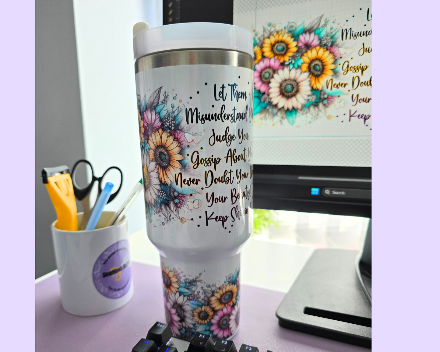 Personalised 40oz Sunflower Positivity Tumbler with Name – Inspirational Quote Mug with Handle & Straw